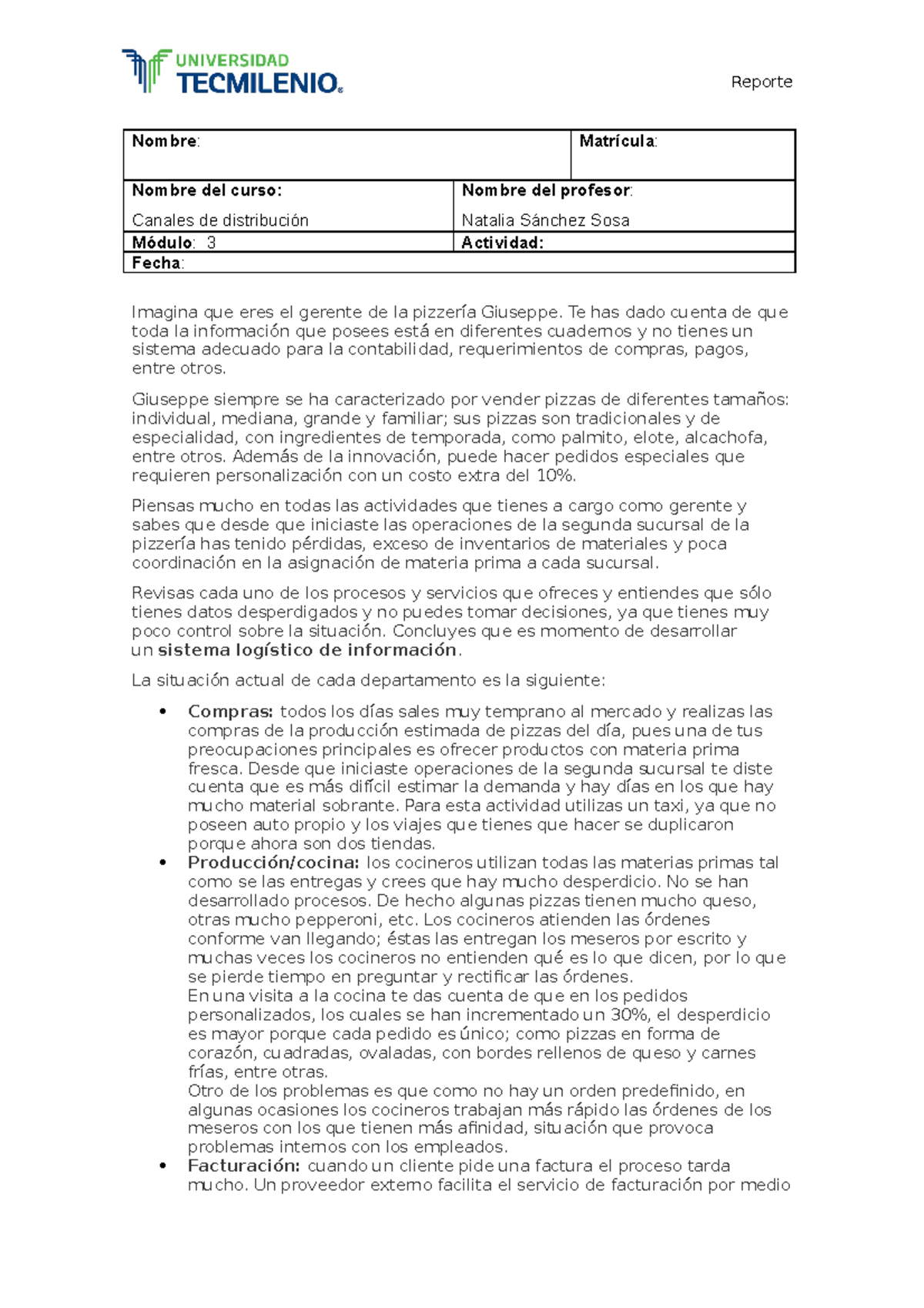 Actividad 12 canales de distribucion - Reporte Nombre : Matrícula ...