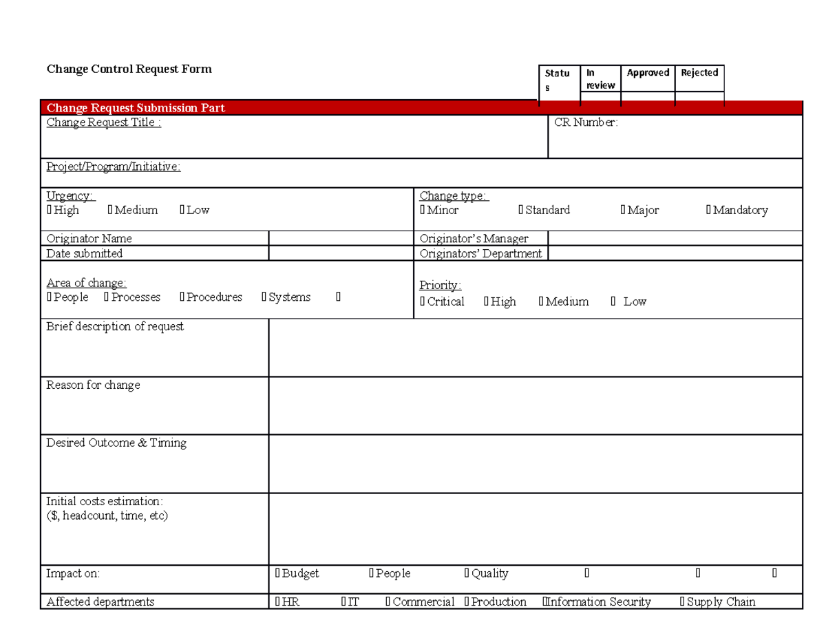 Sample Change Control Request Form - Change Control Request Form Change ...