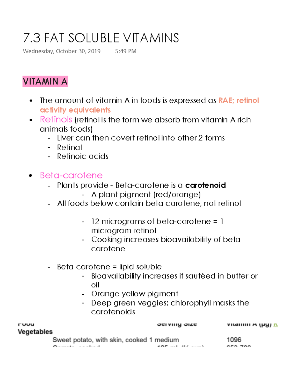 7.3 FAT Soluble Vitamins - VITAMIN A The amount of vitamin A in foods ...