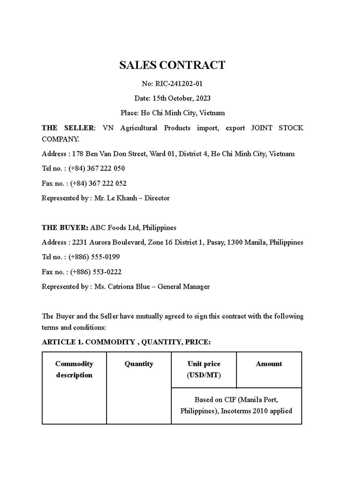 Xiaoyangming HỢP-ĐỒNG-XUẤT-KHẨU - SALES CONTRACT No: RIC-241202- Date ...