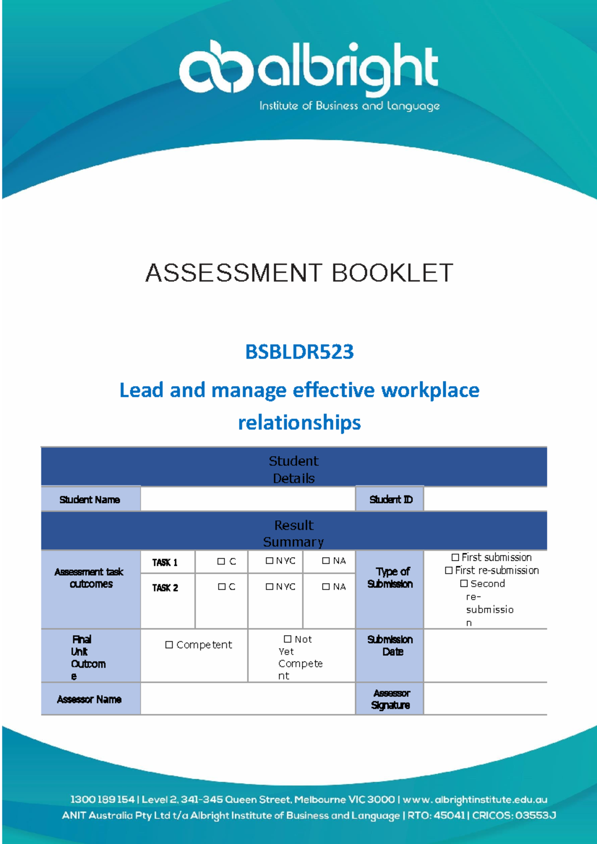 Bsbldr 523 Asessments-V1.0 ok - ASSESSMENT BOOKLET BSBLDR Lead and ...