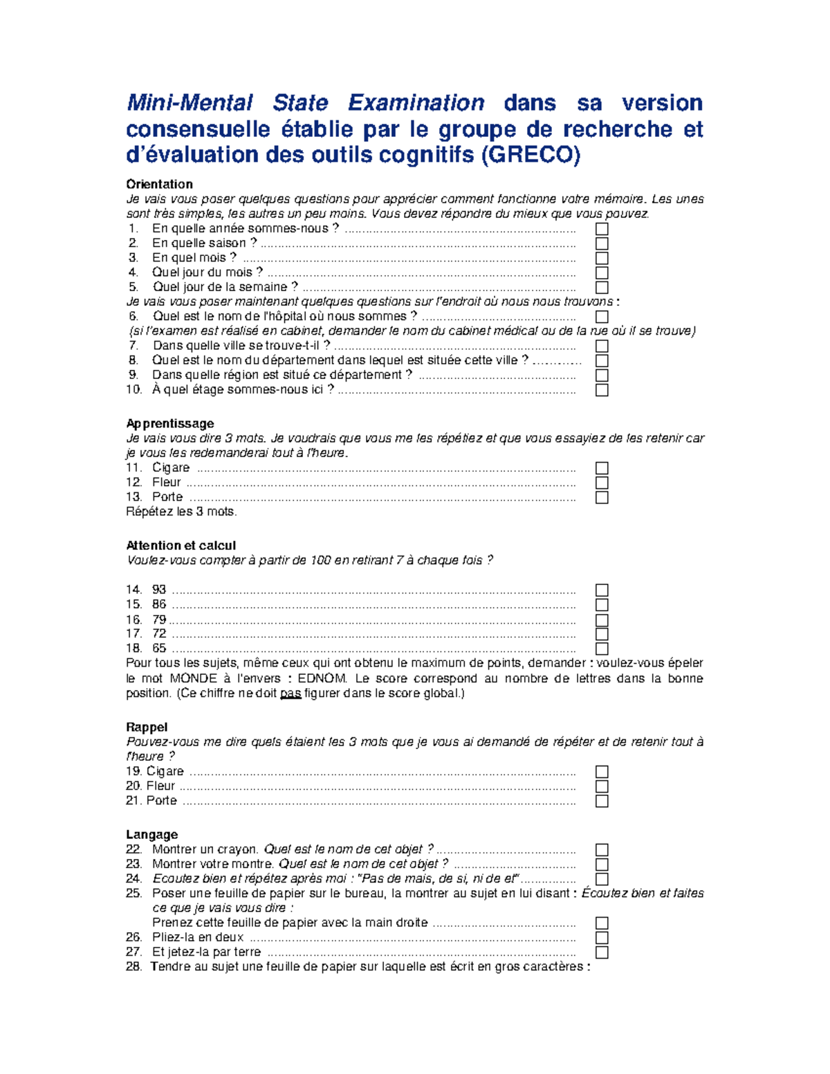 Mmse - psycho - Mini-Mental State Examination dans sa version ...