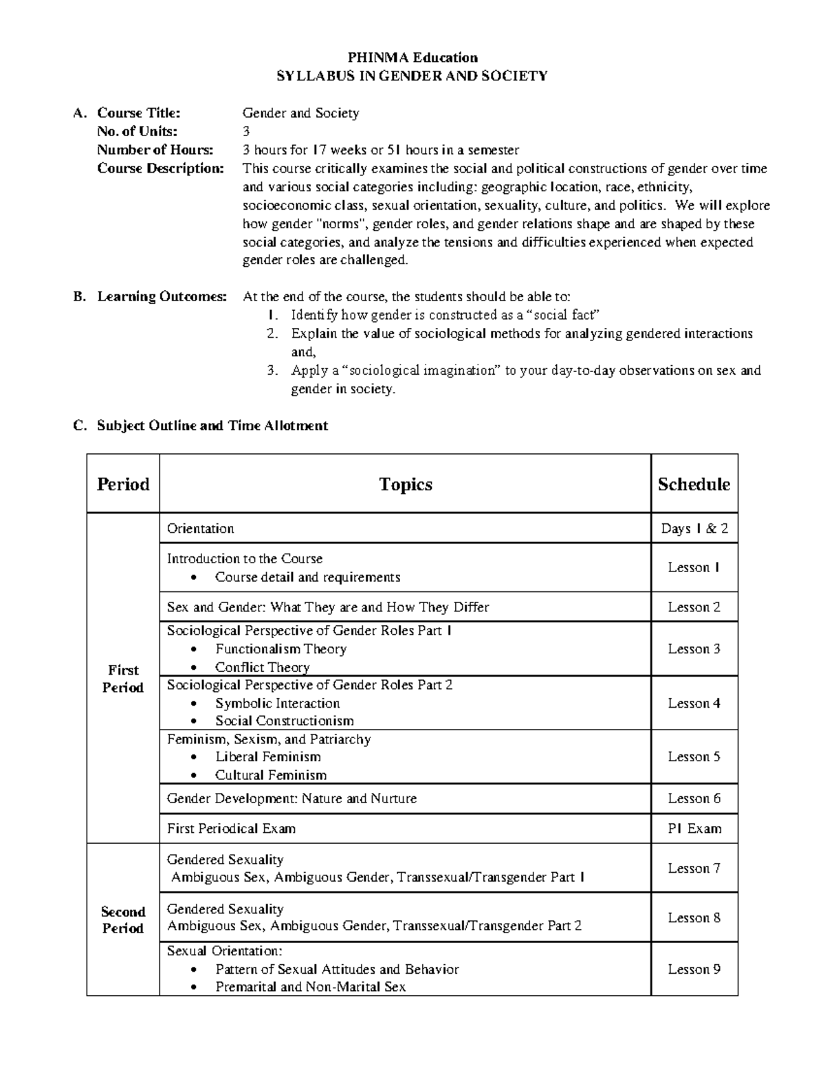GEN 010 - SAS - n/a - PHINMA Education SYLLABUS IN GENDER AND SOCIETY A ...