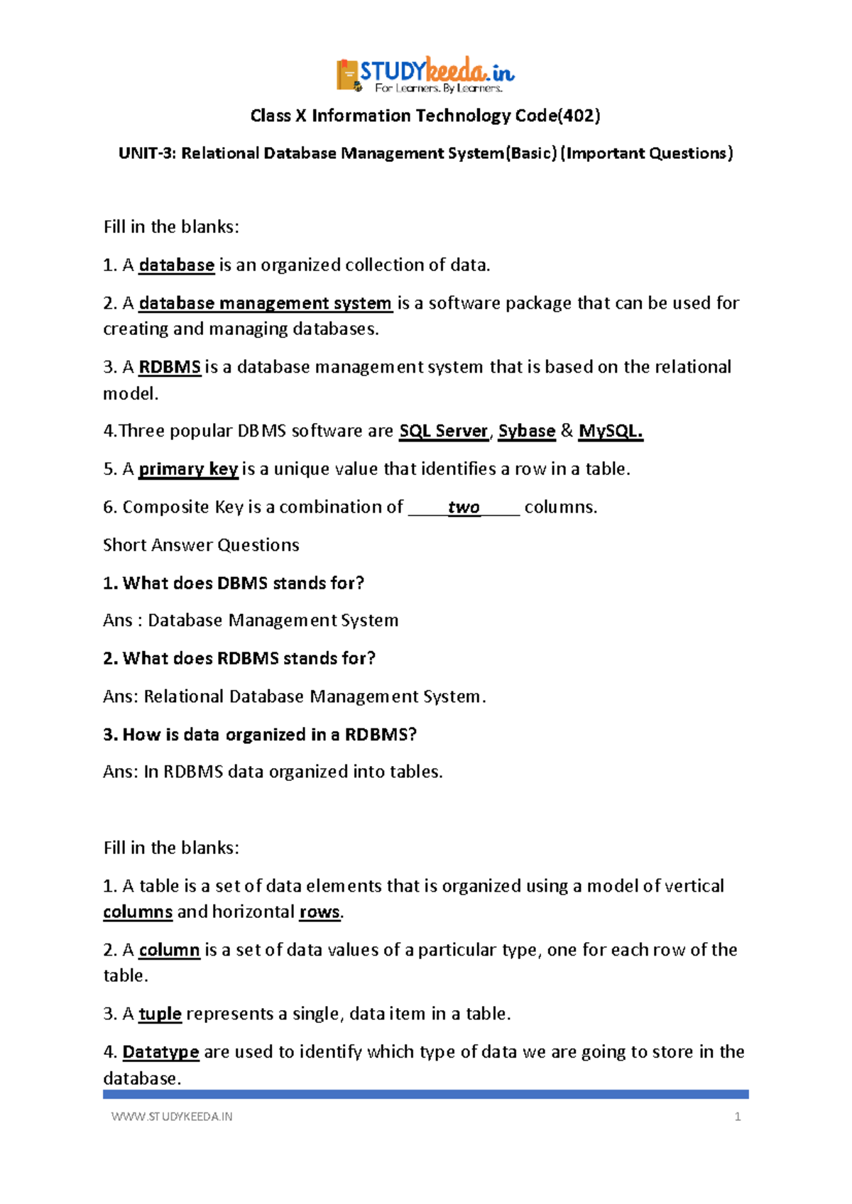 Class X Information Technology Code402 unit3 important QA - Class X ...