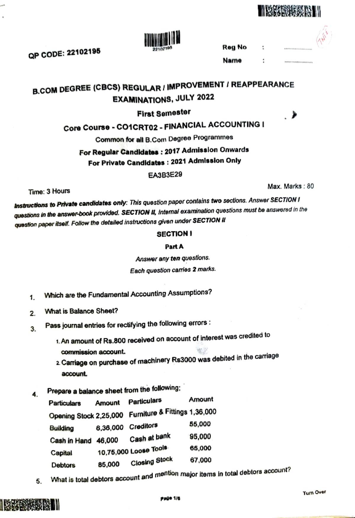 FA 1 - Accountancy - QP CODE: 221021958 2210219 Rog No aqaeu********se ...