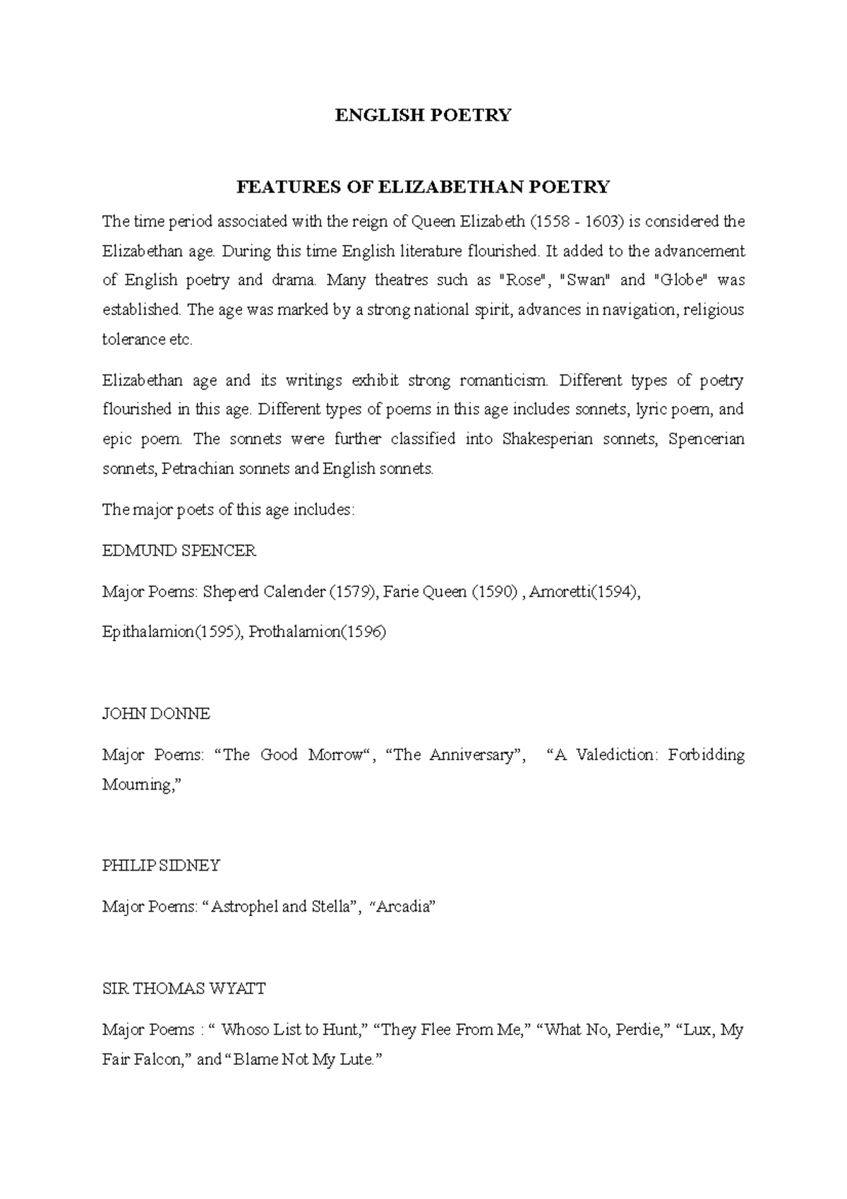 Elizabethan Poetry ENGLISH POETRY FEATURES OF ELIZABETHAN POETRY The