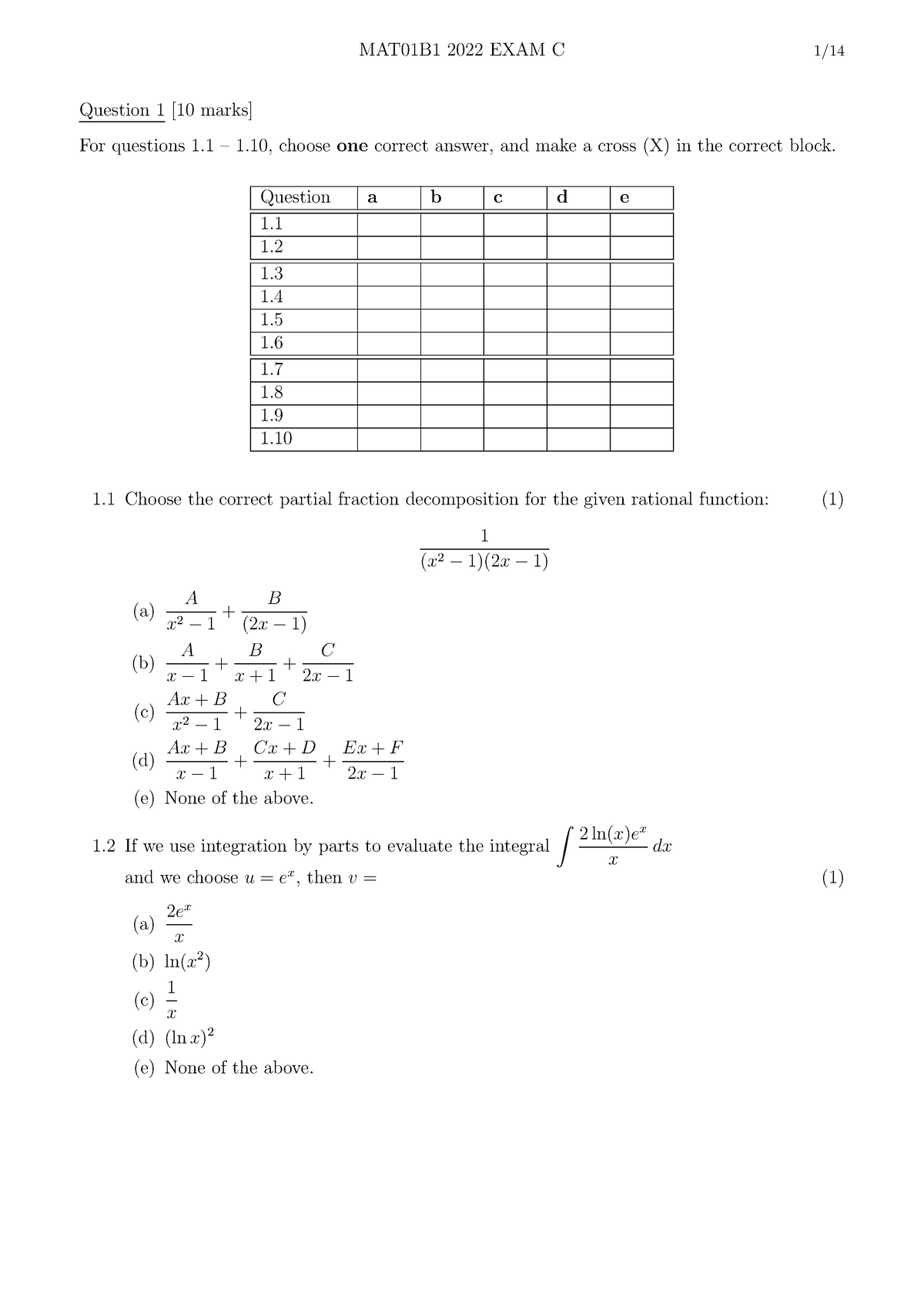 MAT01B1-MAT1B01 - Question 1 [10 marks] For questions 1 – 1, choose one ...