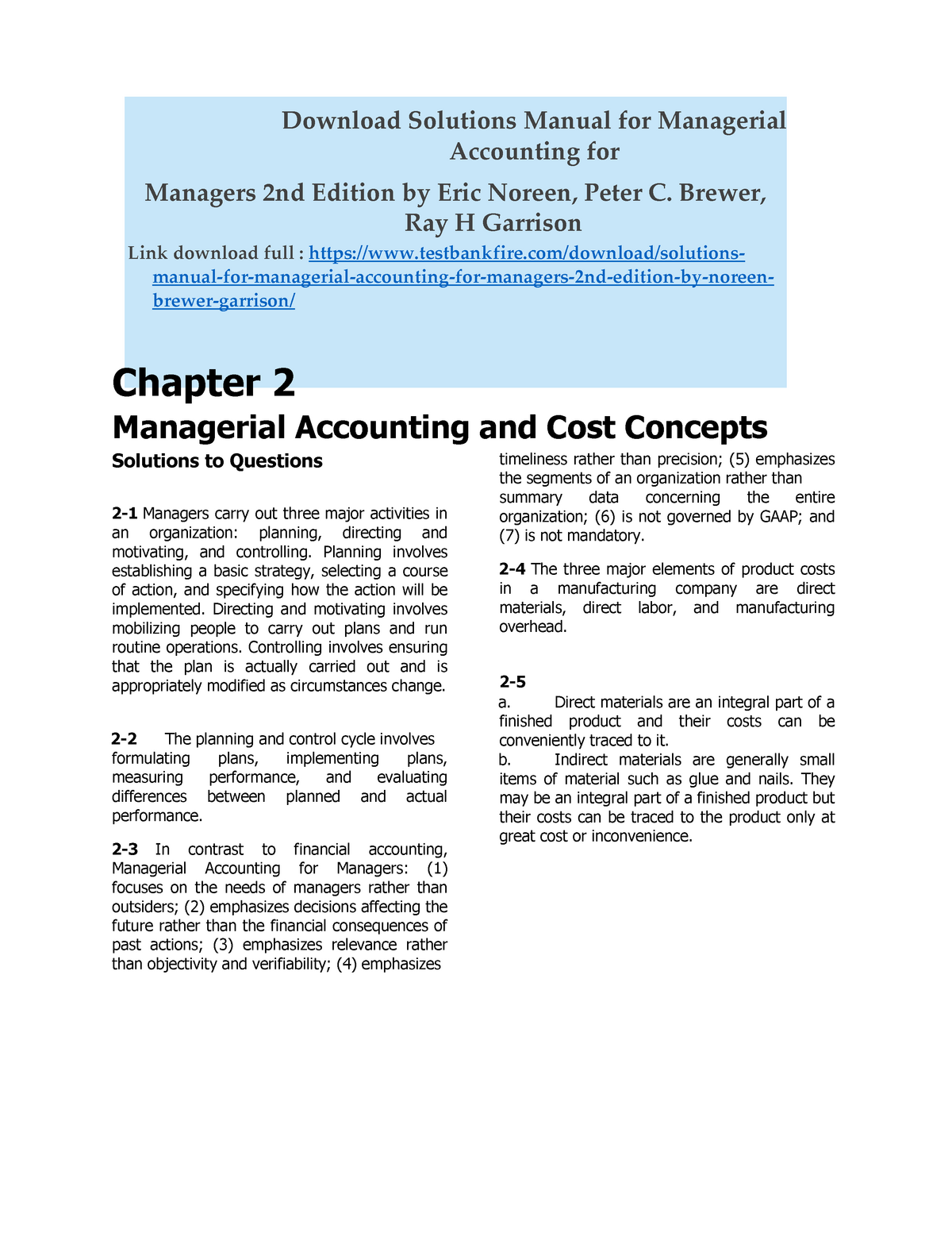 Solution - Managerial Accounting - CH2 - Download Solutions Manual For ...