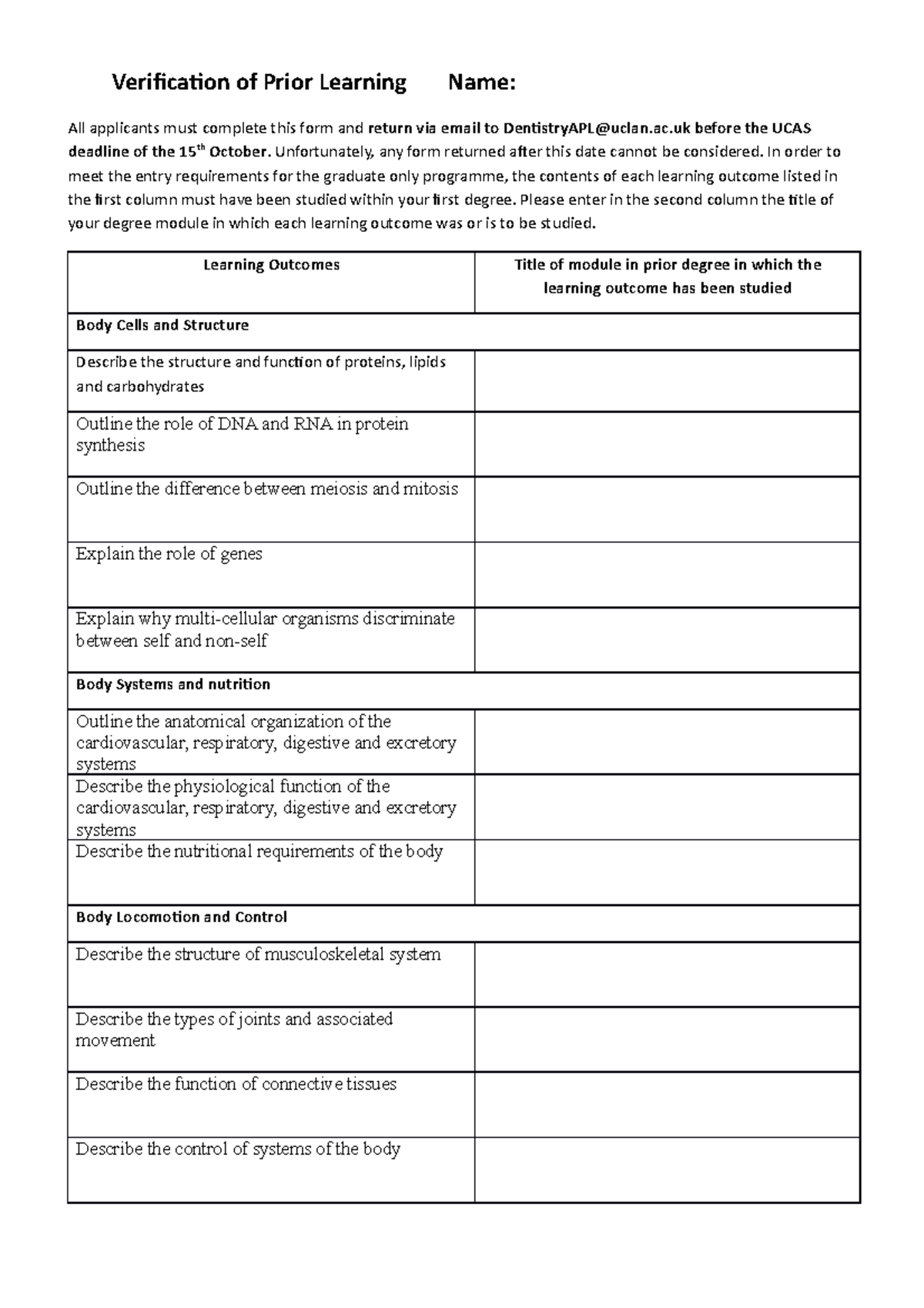 Verification of Prior Learning Document - BDS Dentistry - Verification ...