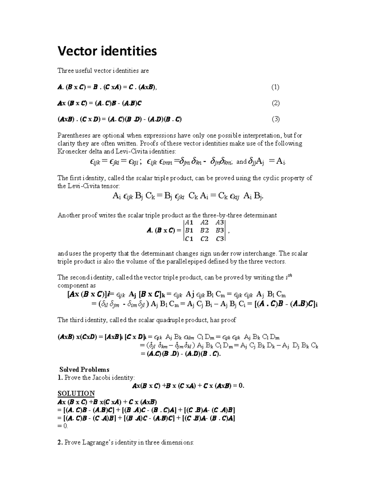 Vector Identities & Partial Derivatives - Mathematical Physics I - Studocu