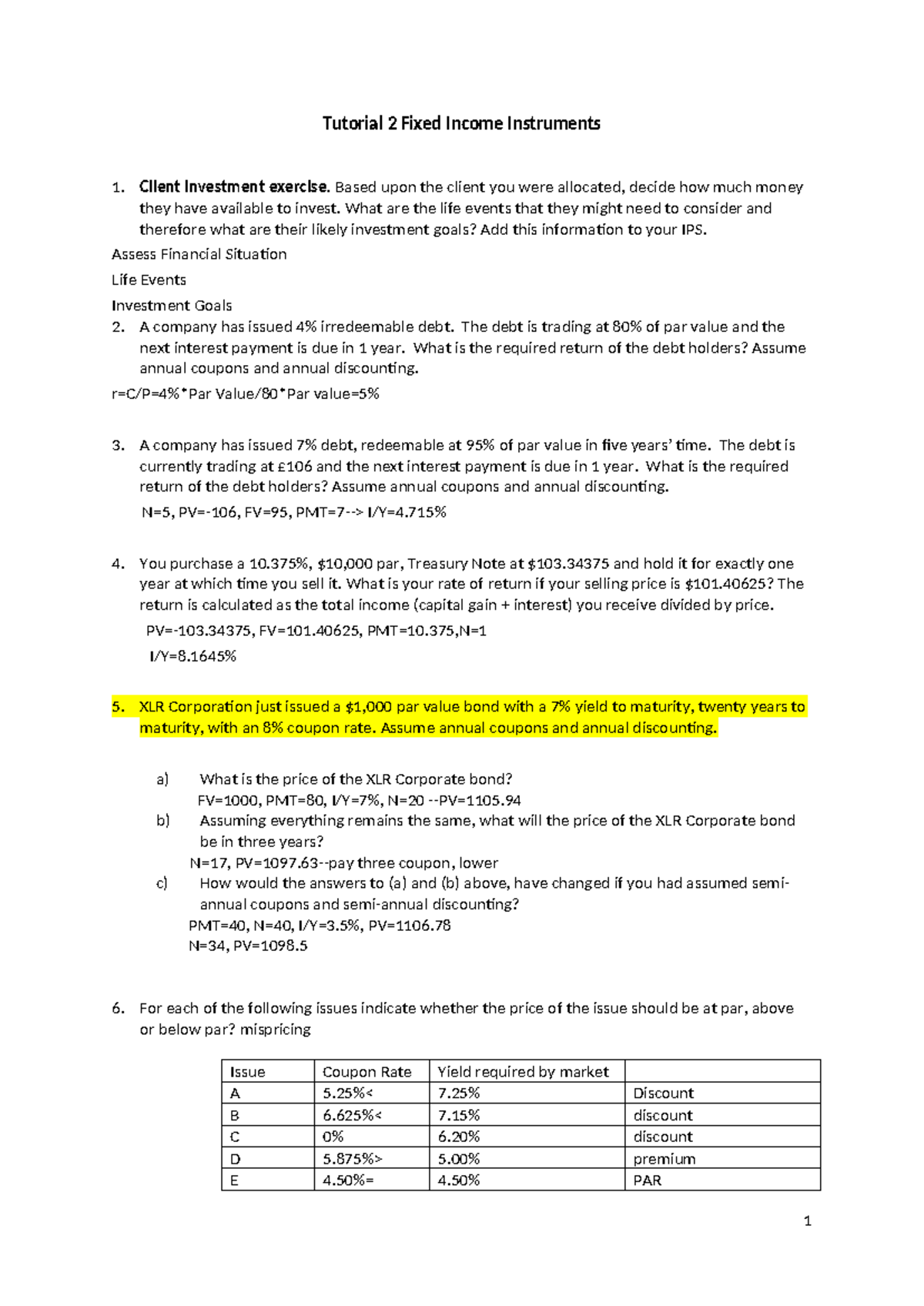 Tutorial 2 Questions - Tutorial 2 Fixed Income Instruments Client ...