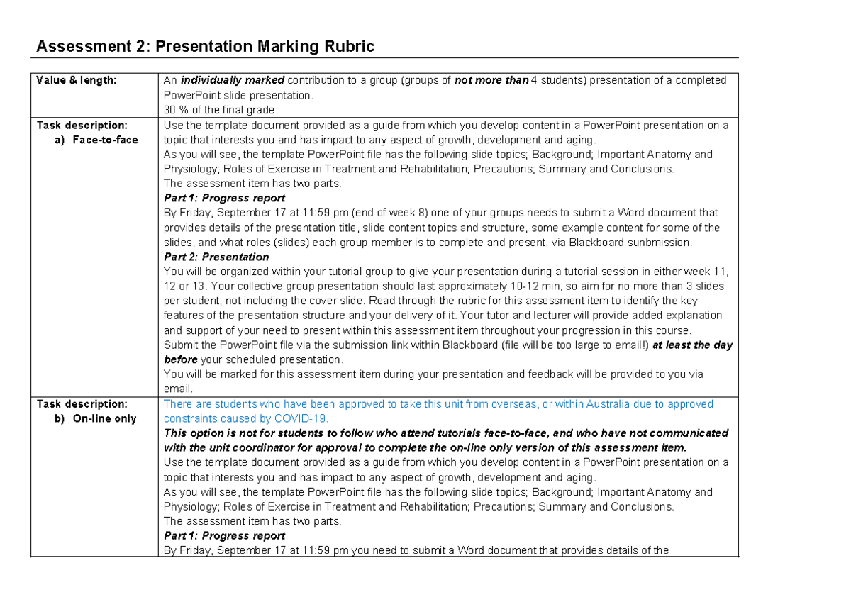 Asst2 Explanation and Rubric Assessment 2 Presentation Marking
