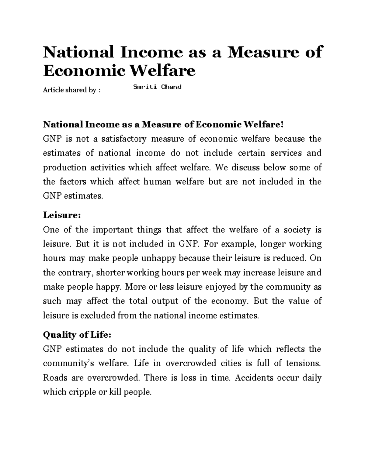 National as a Measure of Economic Welfare1 We discuss below