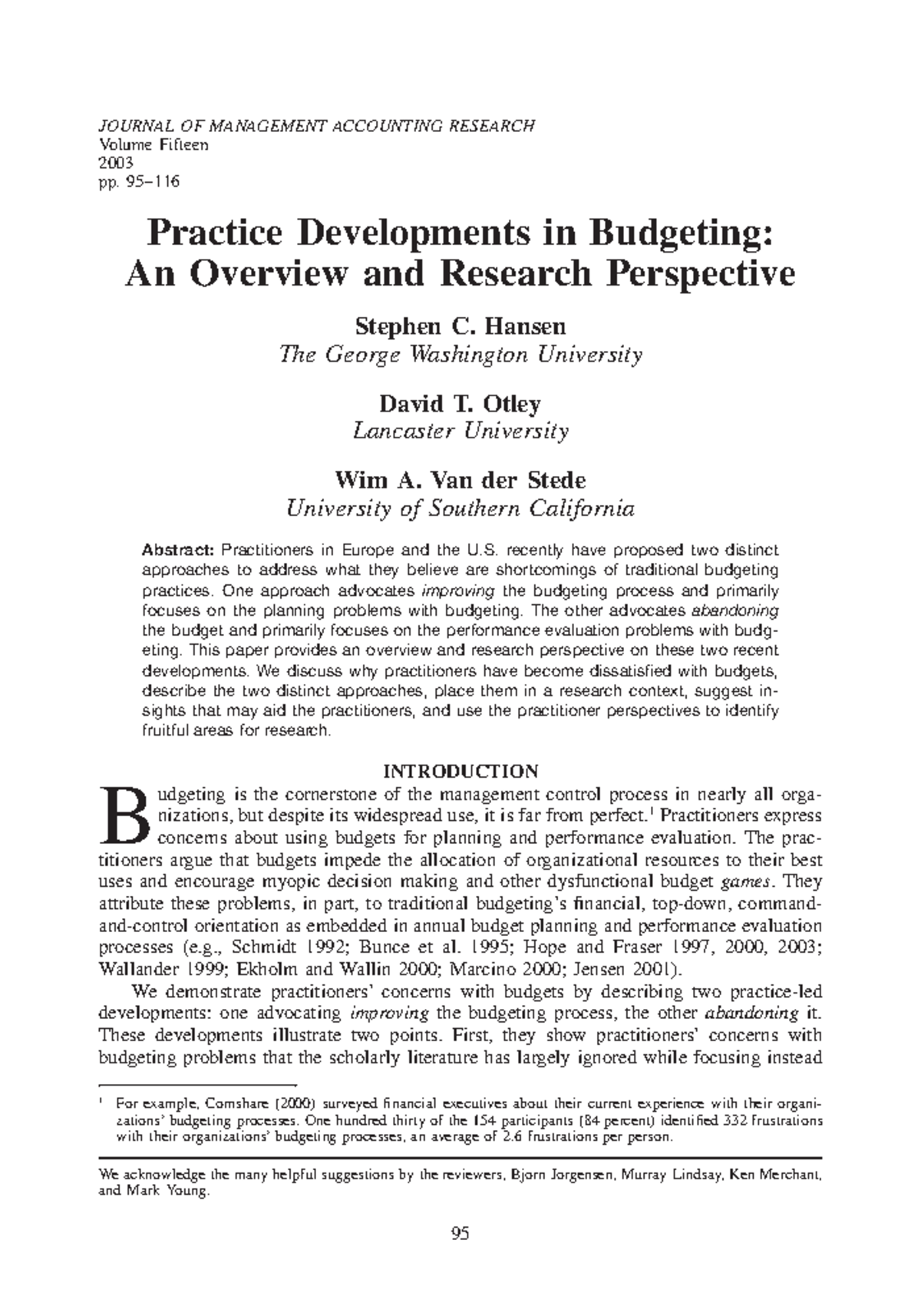 Beyond Budgeting - Answers, Tests, Practice - 95 JOURNAL OF MANAGEMENT ...