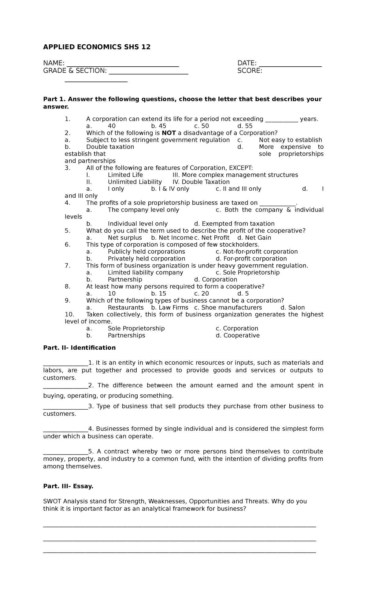 QUIZ- Forms OF Organization - APPLIED ECONOMICS SHS 12 NAME