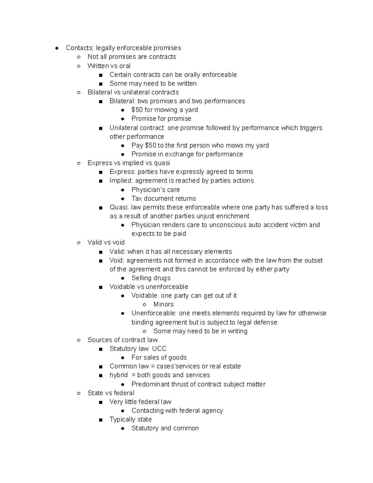 Chapter 6 - NOTES! - Contacts: legally enforceable promises Not all ...