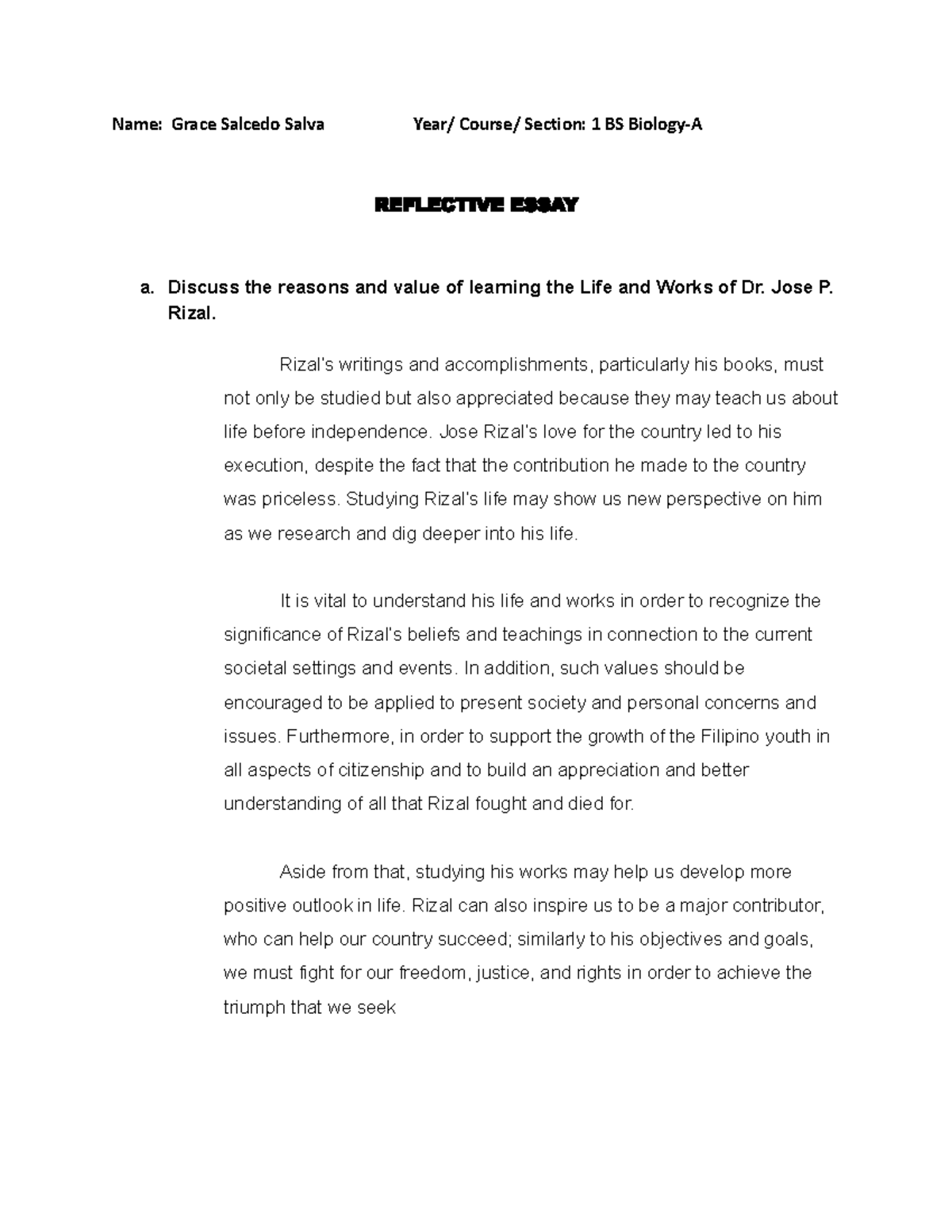 Salva, Grace S. Reflective Essay - Name: Grace Salcedo Salva Year ...
