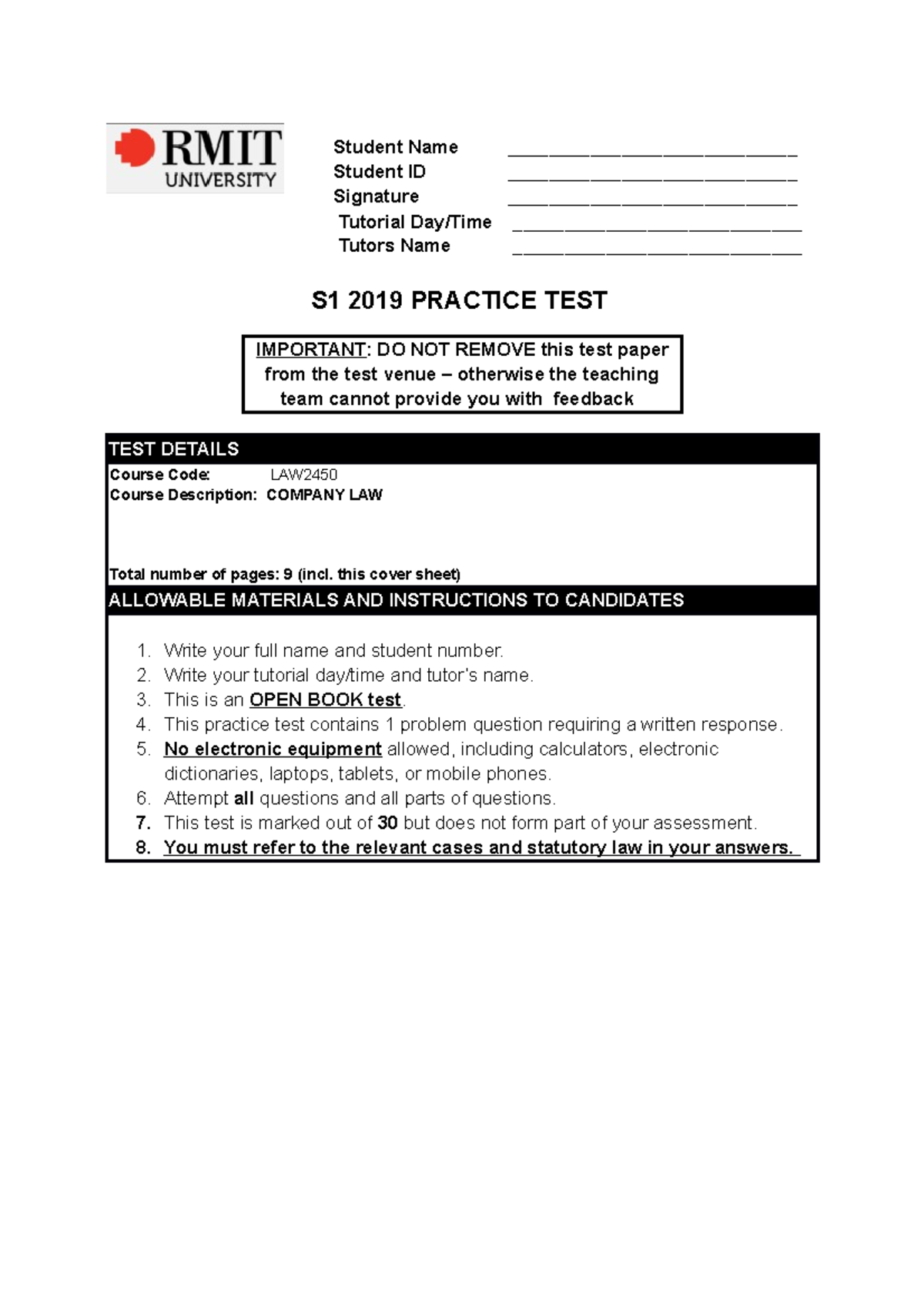 S1 2019 Company Law Practice Test - Student Name Student ID - Studocu