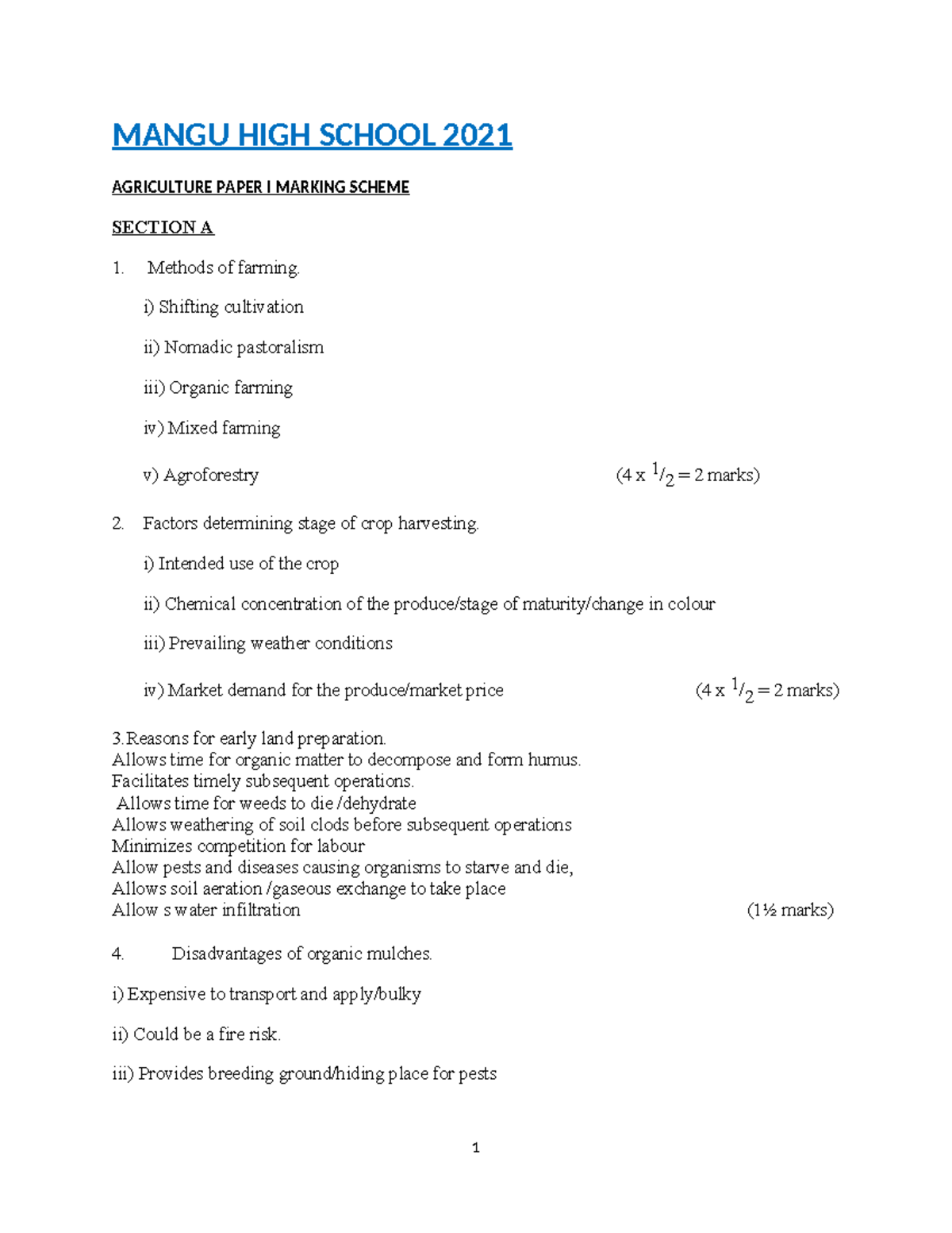 Agriculture PP1 ms - MANGU HIGH SCHOOL 2021 AGRICULTURE PAPER I MARKING ...