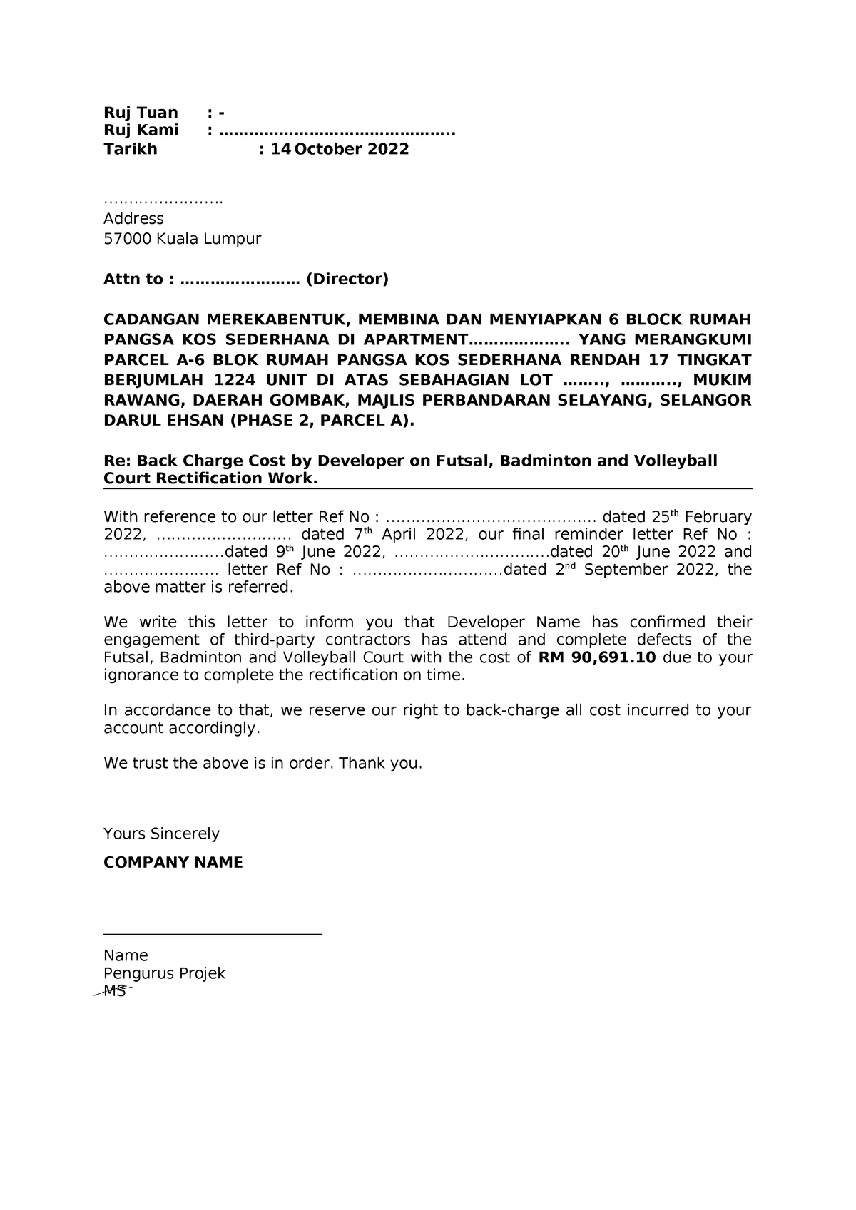 Back Charge Cost By Developer On Futsal Court - Ruj Tuan : - Ruj Kami 