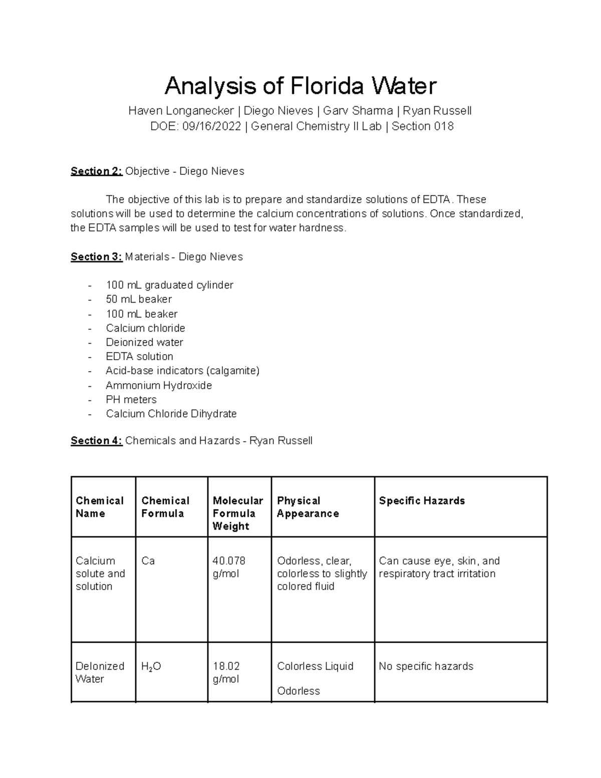 Project 1 Analysis of Florida Water Prelab Analysis of Florida Water