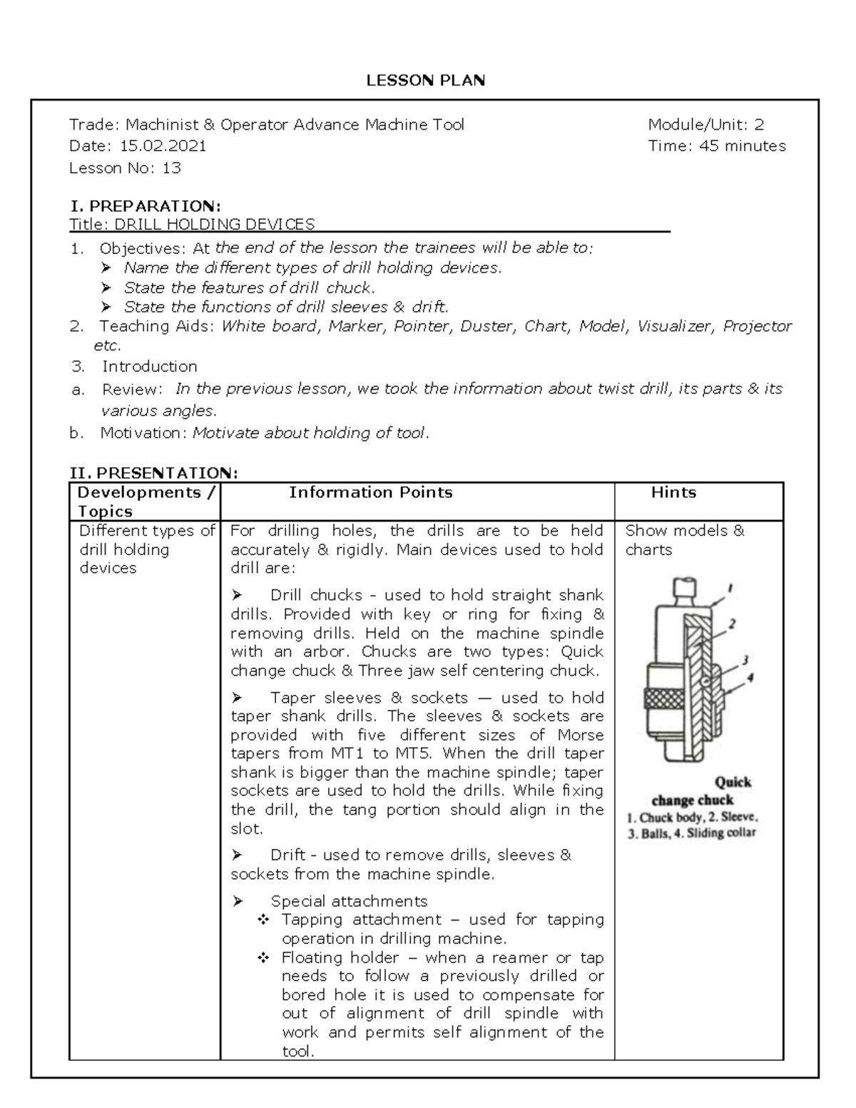 Machinist Operator Lesson Plan 13 LESSON PLAN Trade Machinist