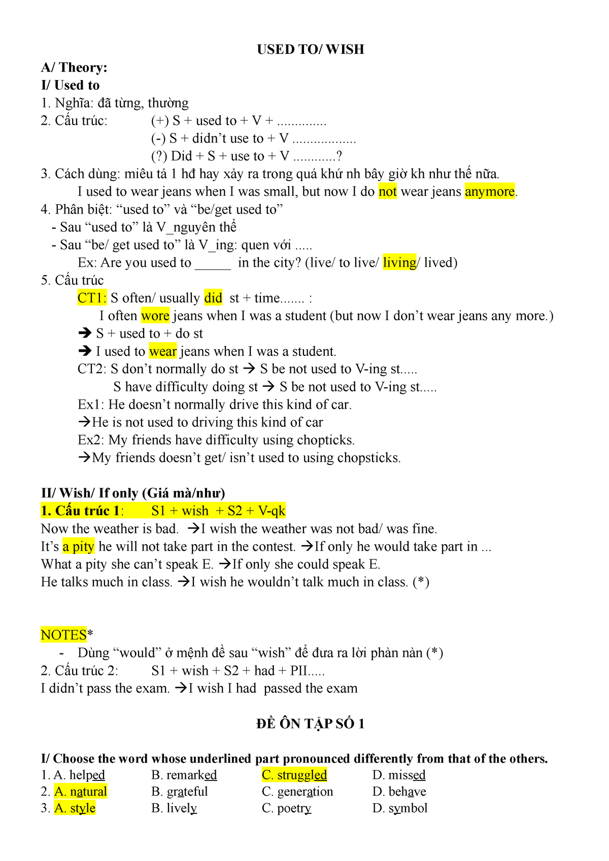 ĐỀ ÔN TẬP THI VÀO 10 SỐ 1 -ANH 9 - USED TO/ WISH A/ Theory: I/ Used To ...