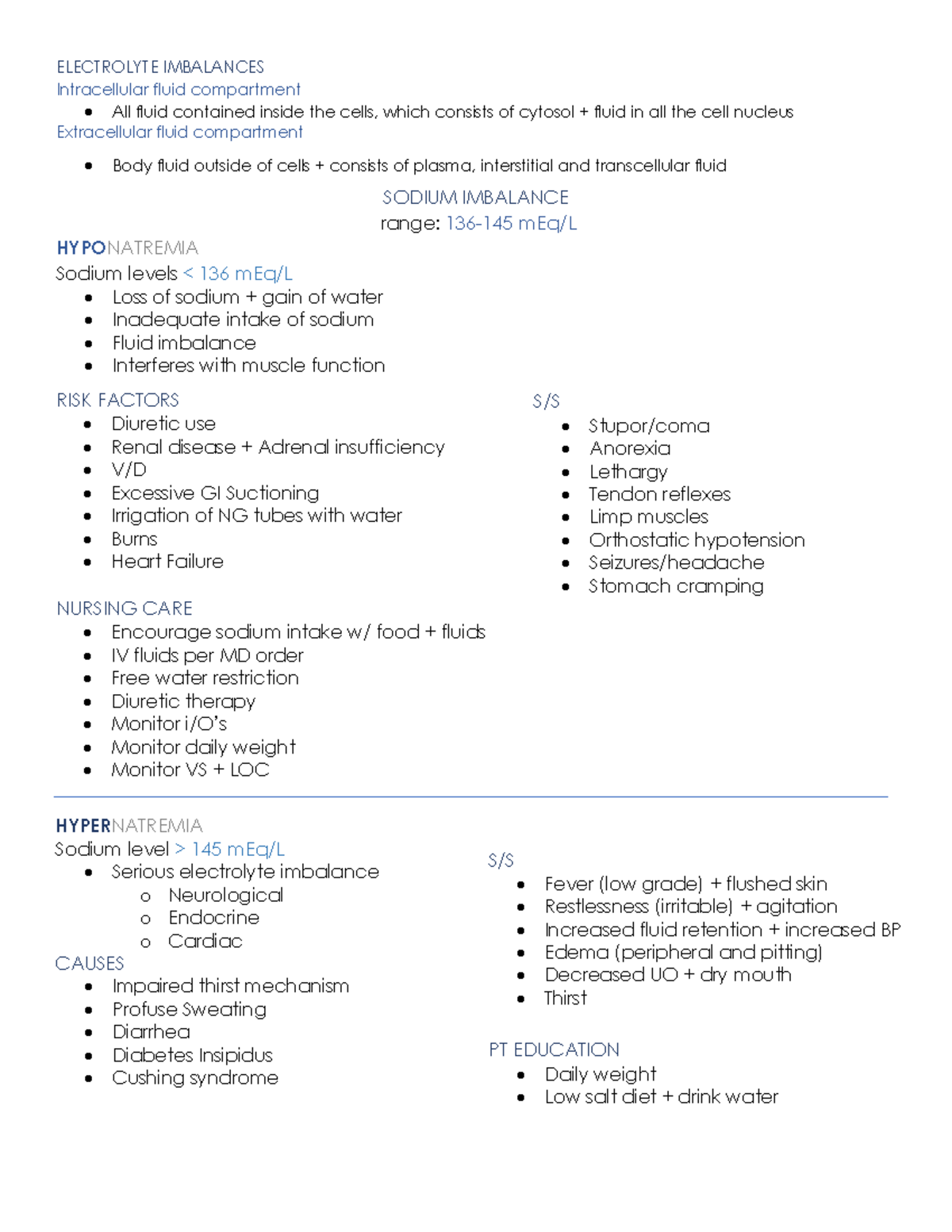 Fluid Electrolytes Study guide - ELECTROLYTE IMBALANCES Intracellular ...