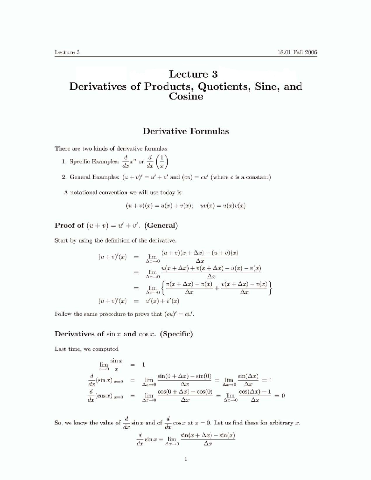 CALC Derivatives Notes - Lecture 3 (presented by Kobi Kremnizer ...