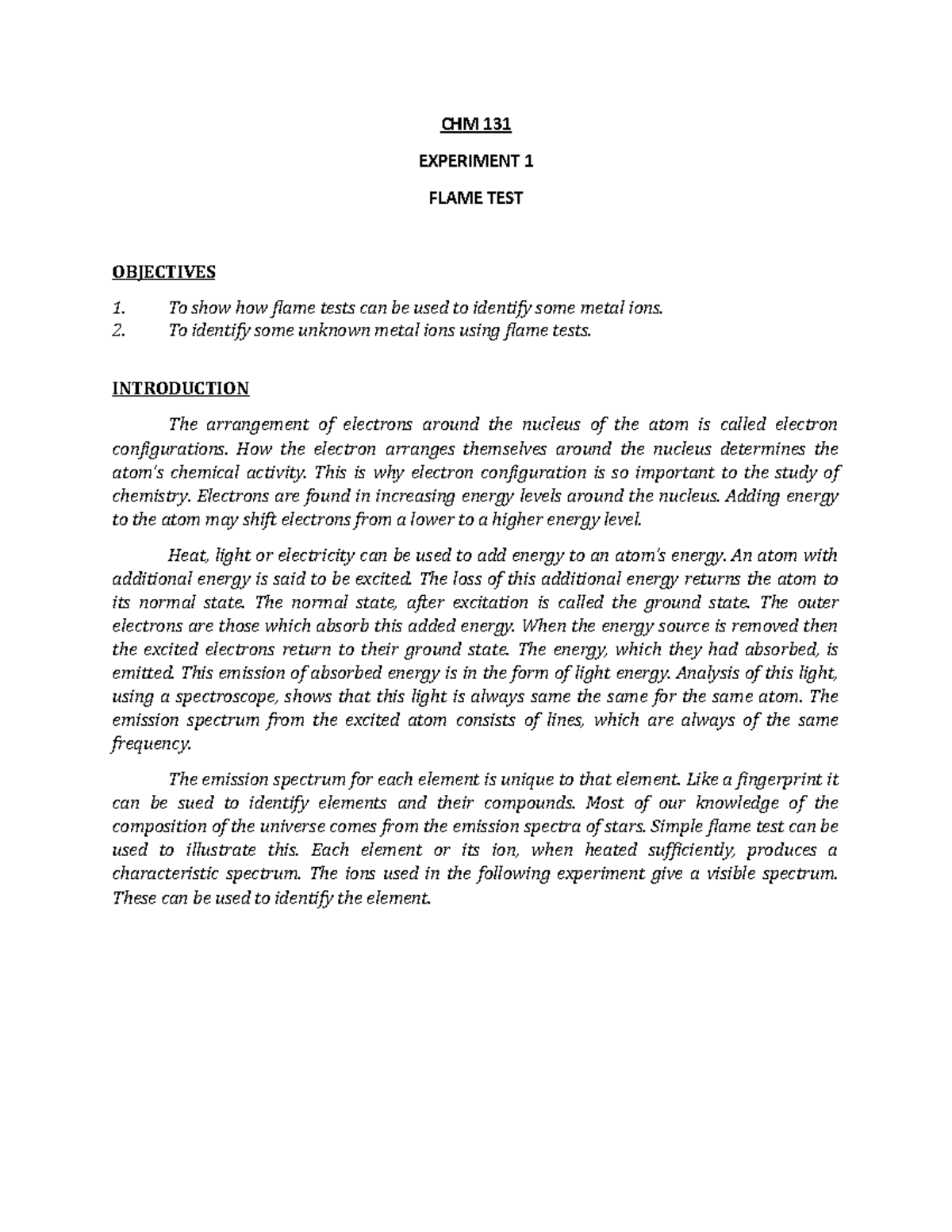 CHM 131 Manual Flame TEST CHM 131 EXPERIMENT 1 FLAME TEST OBJECTIVES
