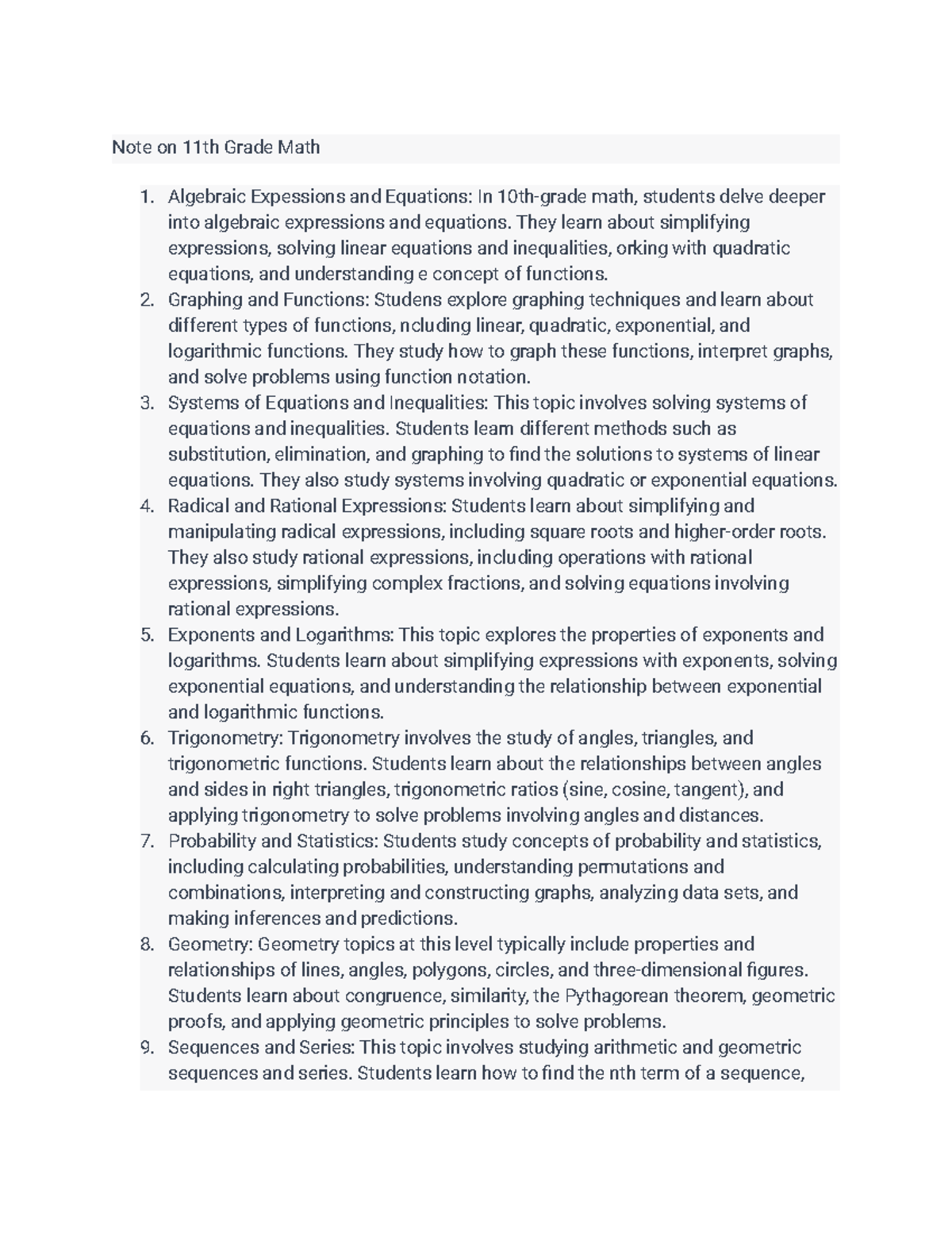 11th grade notes pt - fgdf - Note on 11th Grade Math Algebraic ...