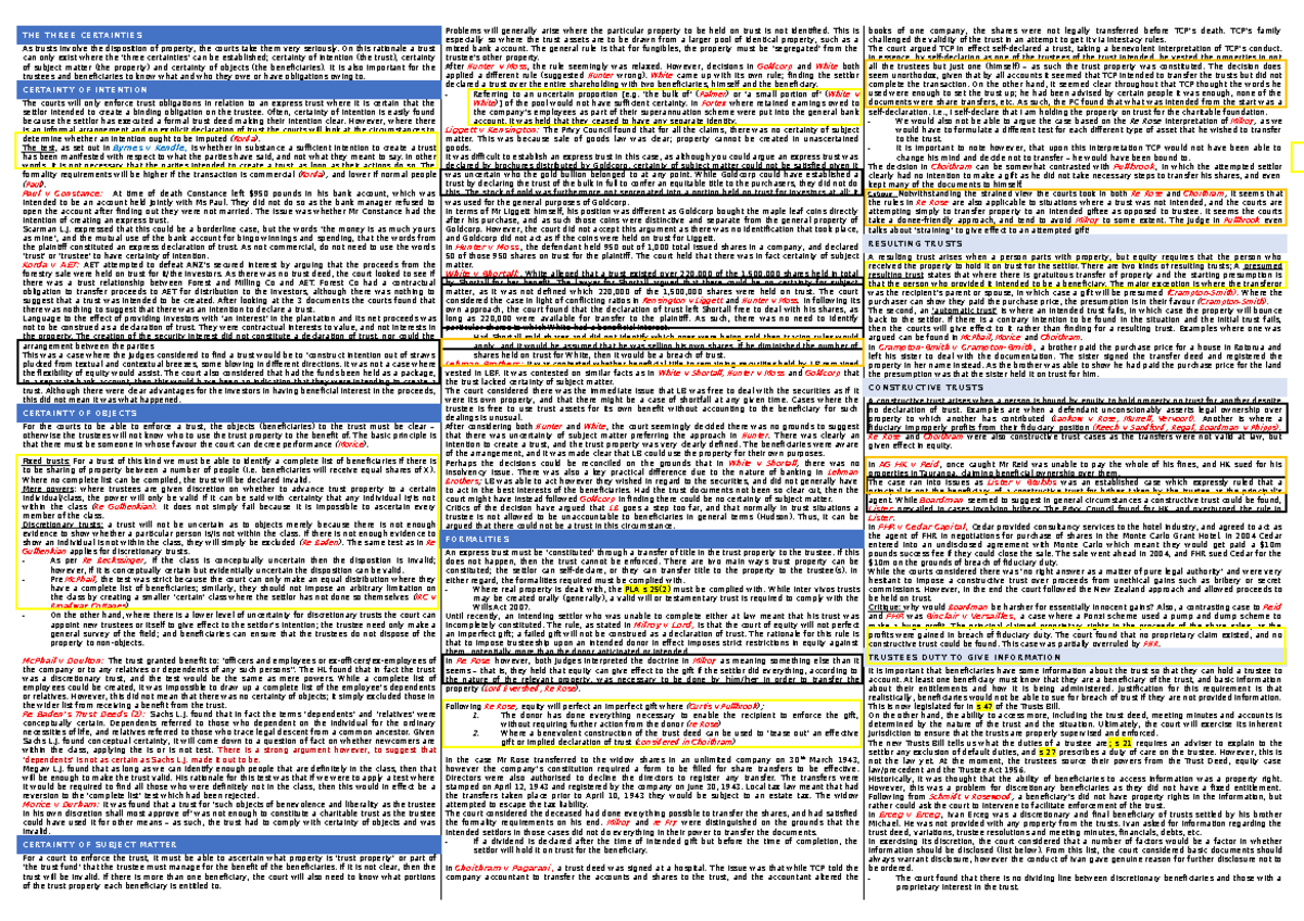 Equity Cheat Sheet - THE THREE CERTAINTIES As trusts involve the ...