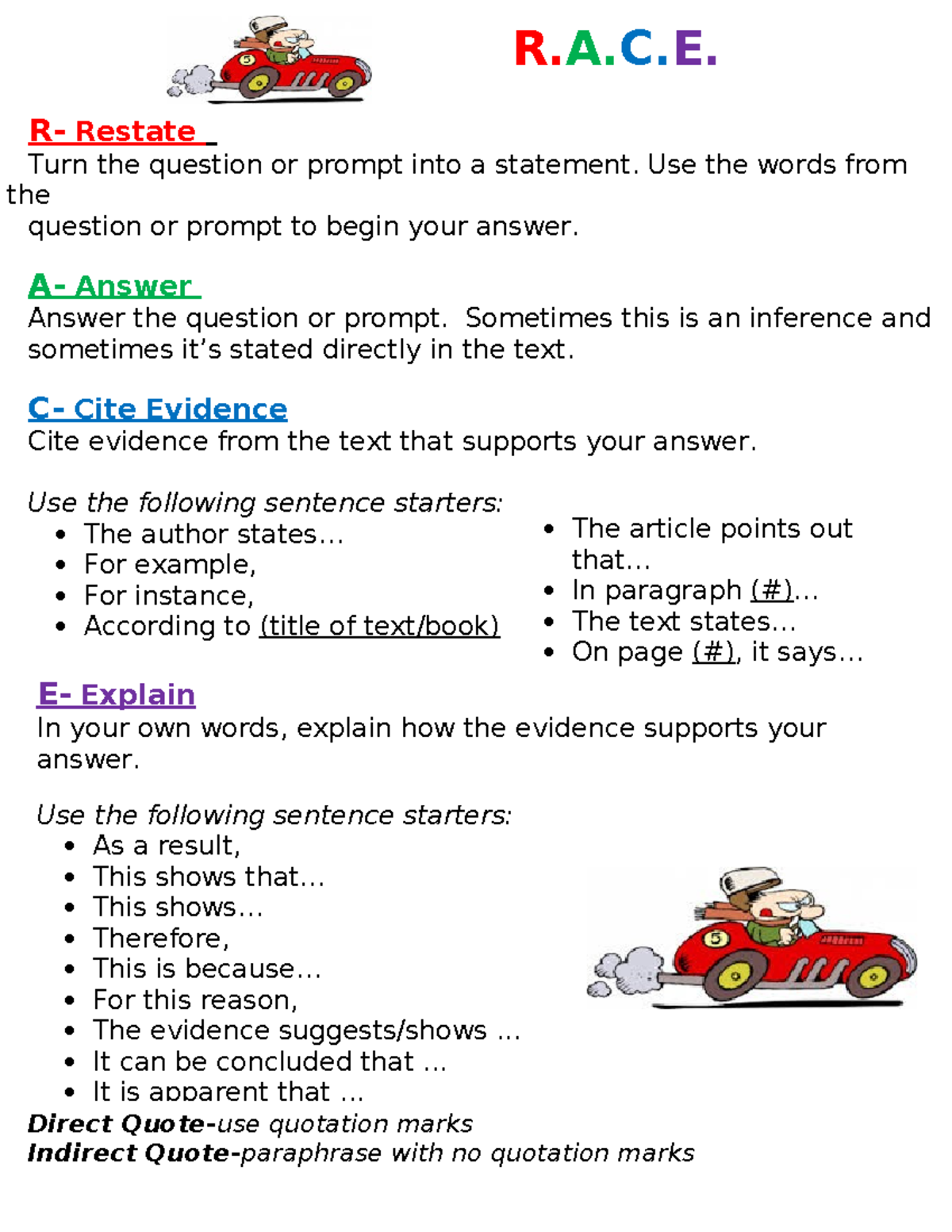 RACE Sentence Starters R.A.C. R Restate Turn the question or prompt