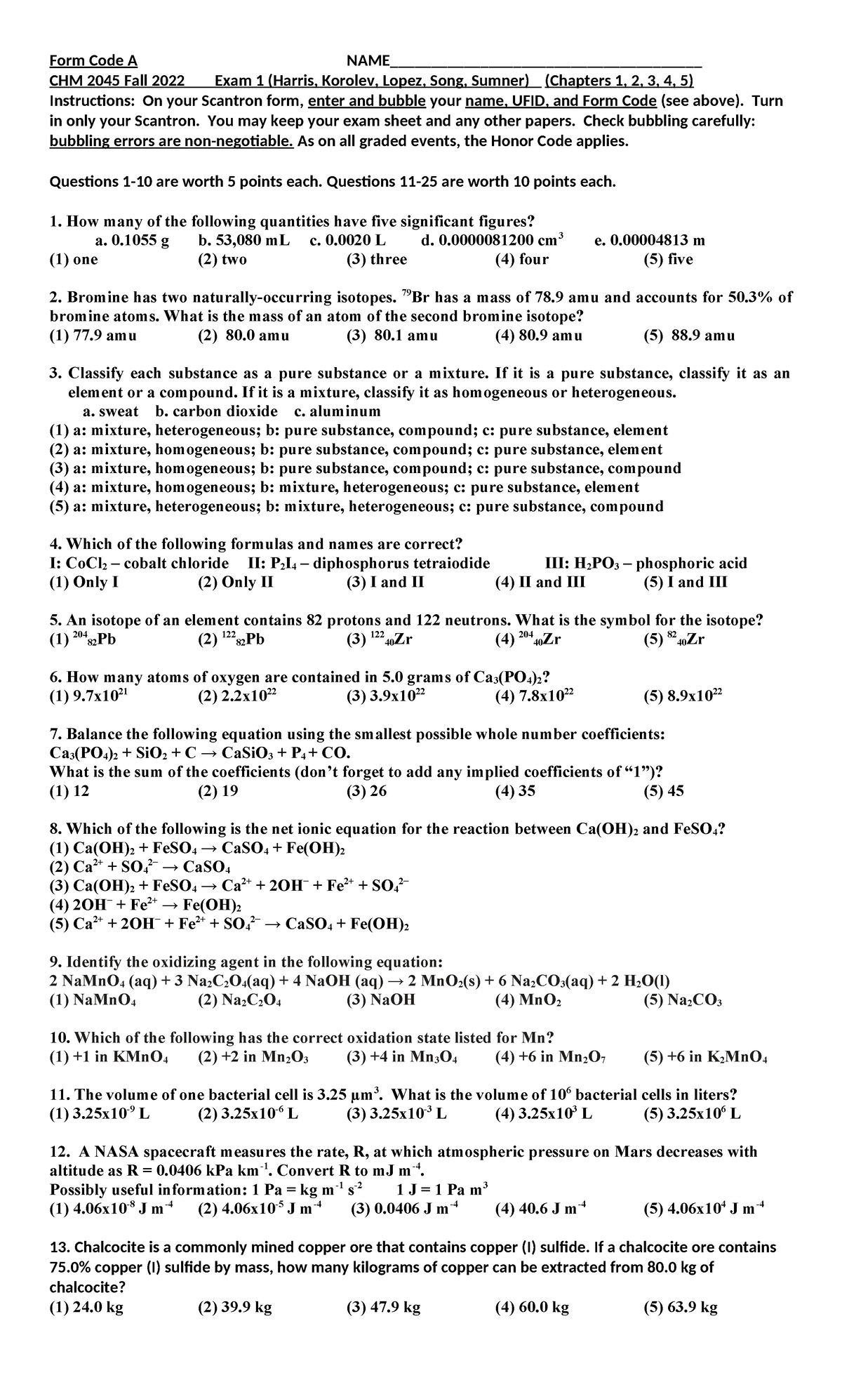 Chm2045 Practice Exam 1 - Form Code A NAME ...