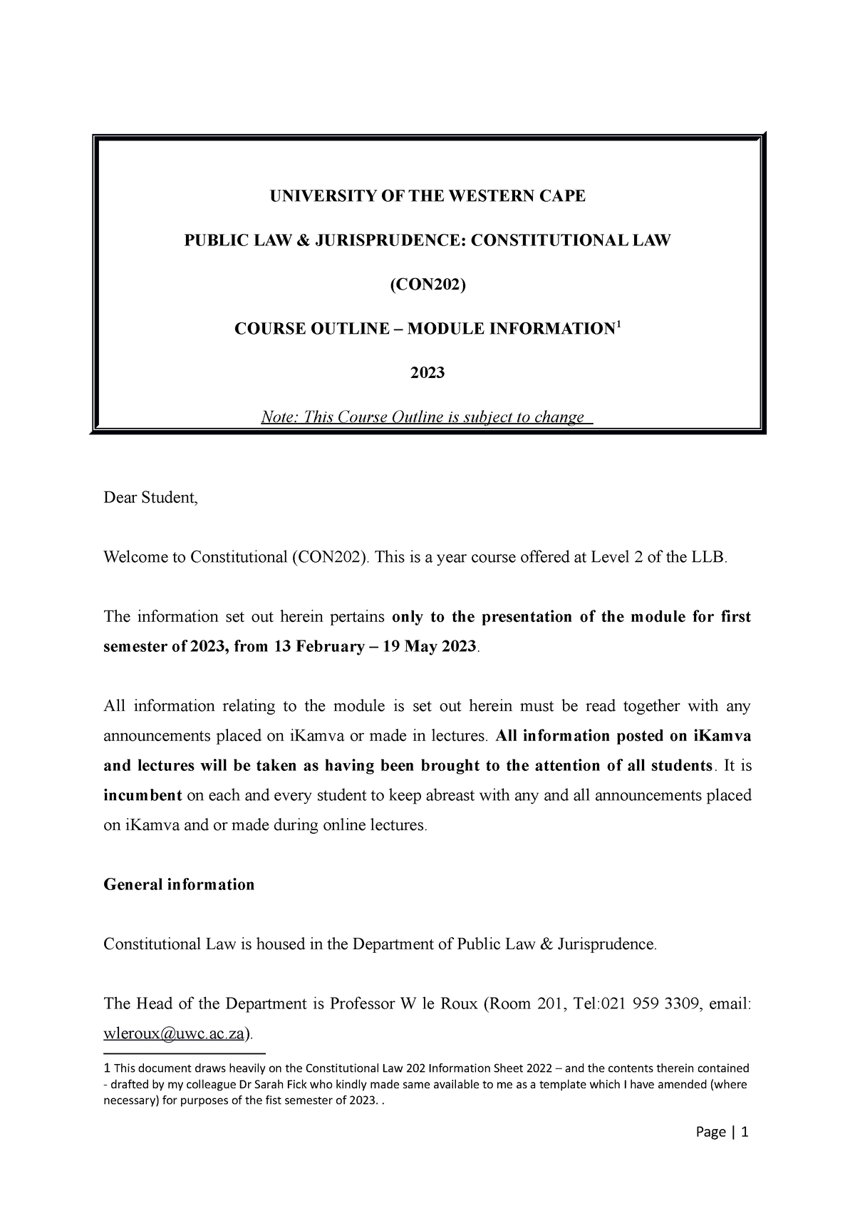 Final Course Outline Constitutional Law 202 08 February 2023 ...