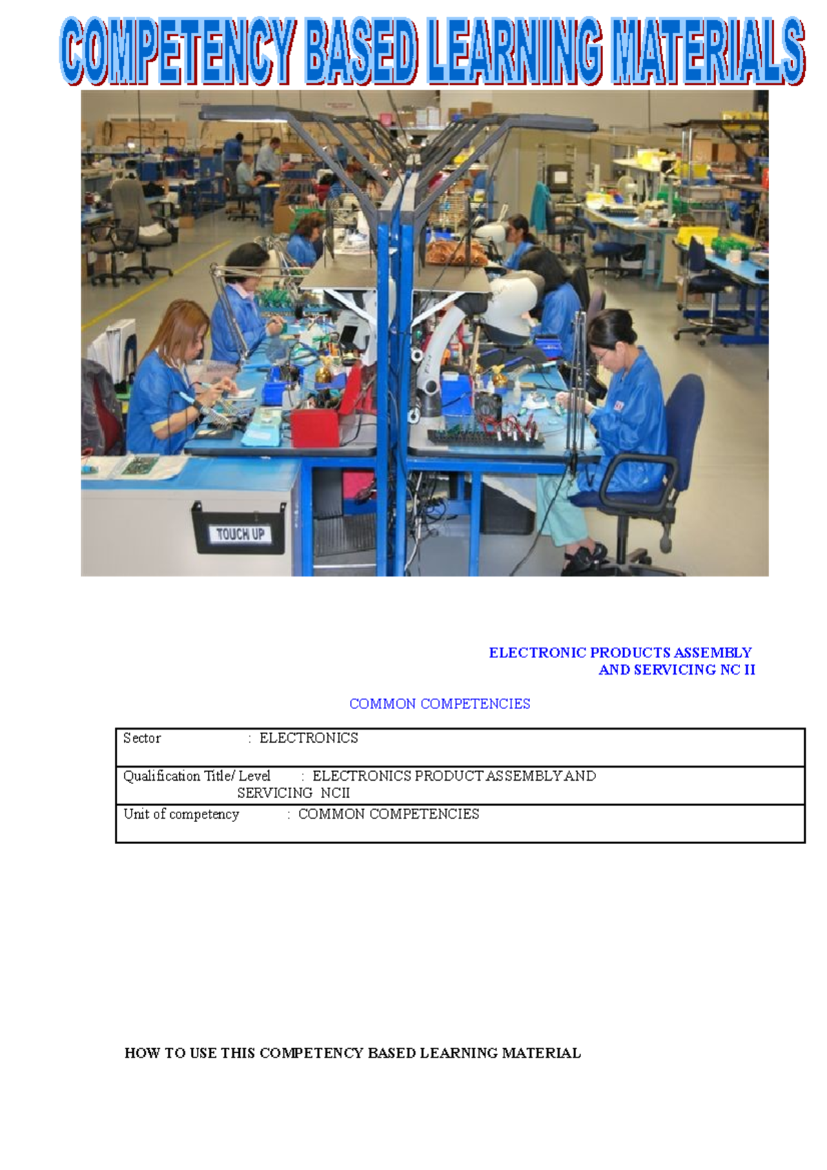 CBLM Common Competencies ELECTRONIC PRODUCTS ASSEMBLY AND SERVICING