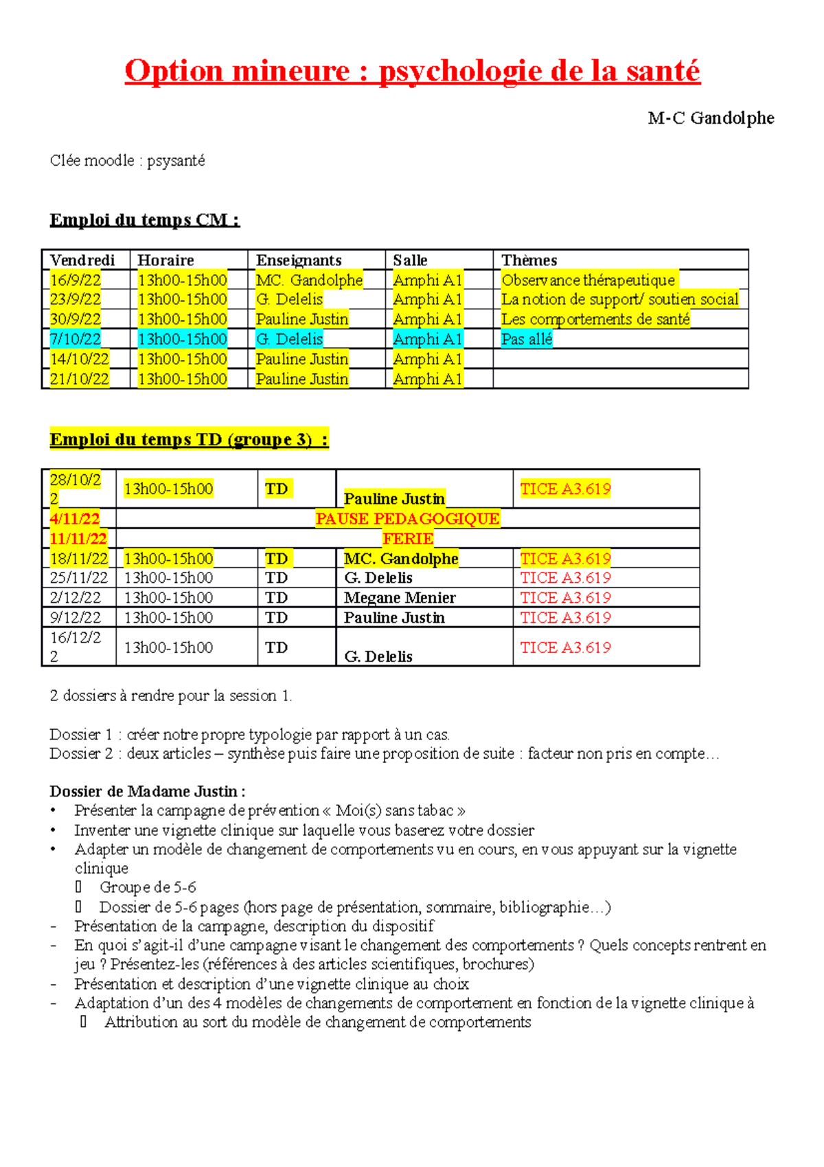 Planning - santé - rrrr - Option mineure : psychologie de la santé M-C ...