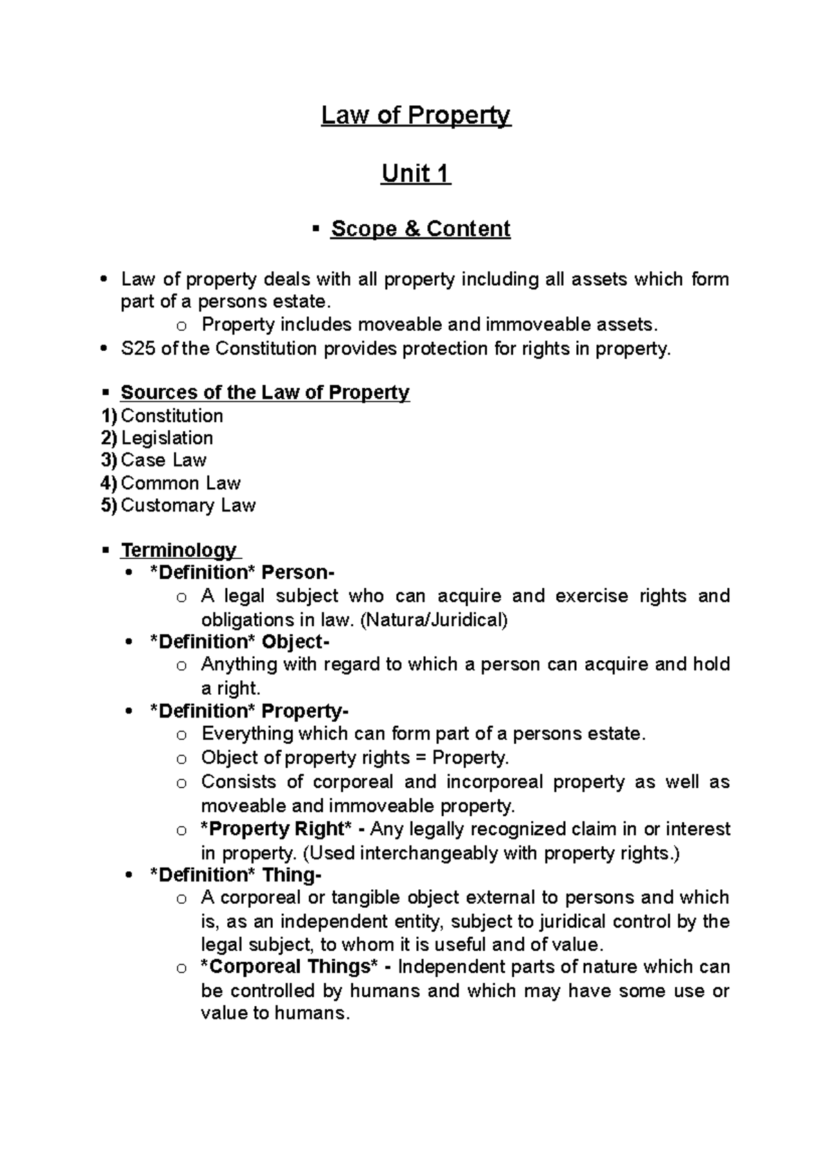 LPRO - Unit 1 Notes - Summary Law of Property - Law of Property Unit 1 ...