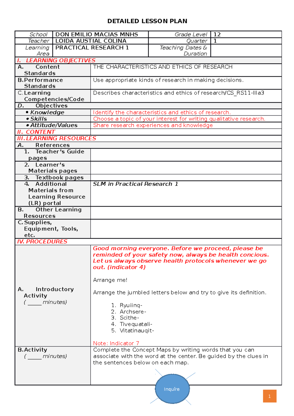 detailed lesson plan in research