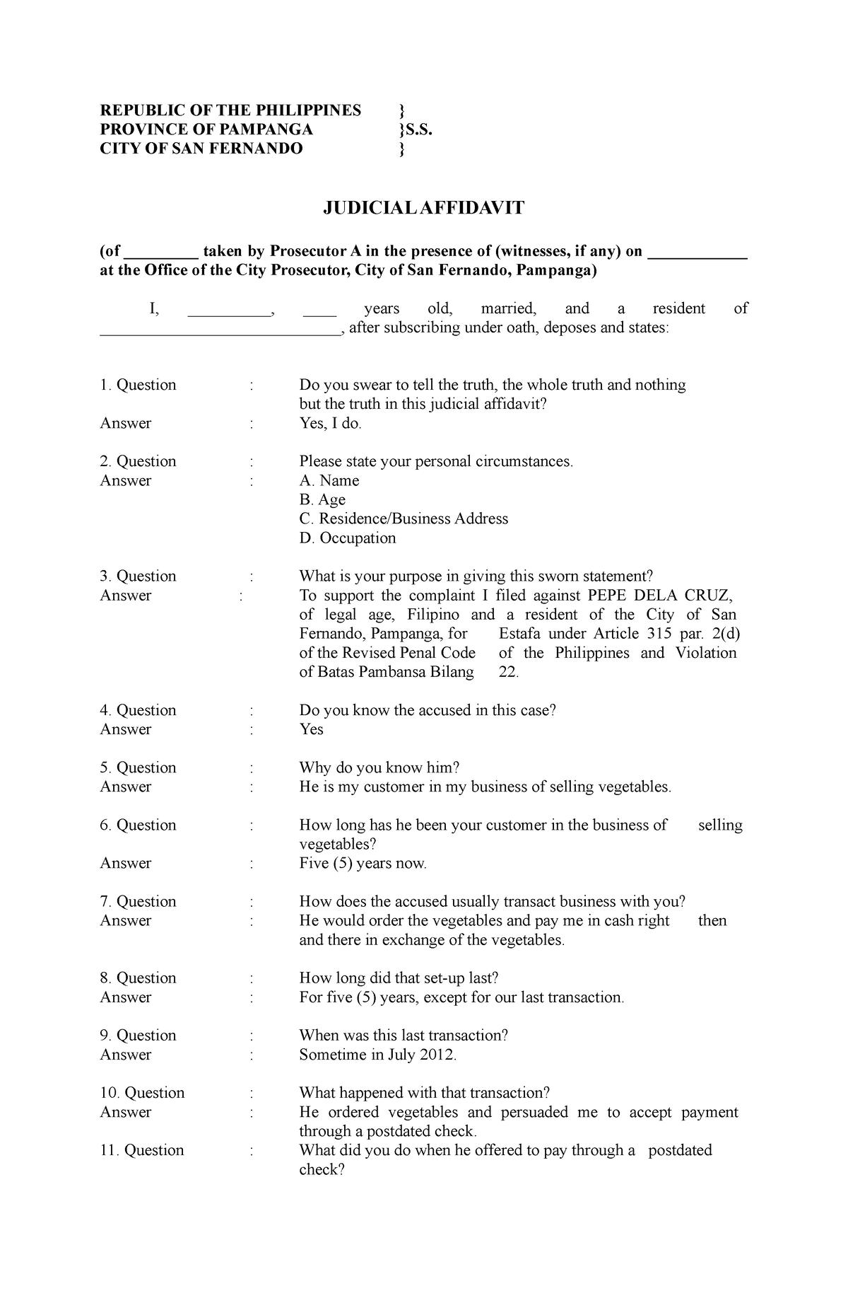 Bp 22 2 Sample Affidavit For Bp 22 Republic Of The Philippines Province Of Pampanga S 3527