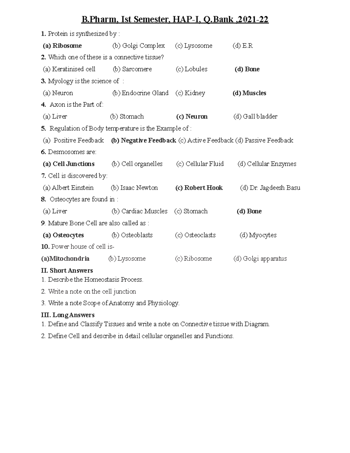 B.Ph.1st Semester Human Anatomy and Physiology Model Question Paper - B ...