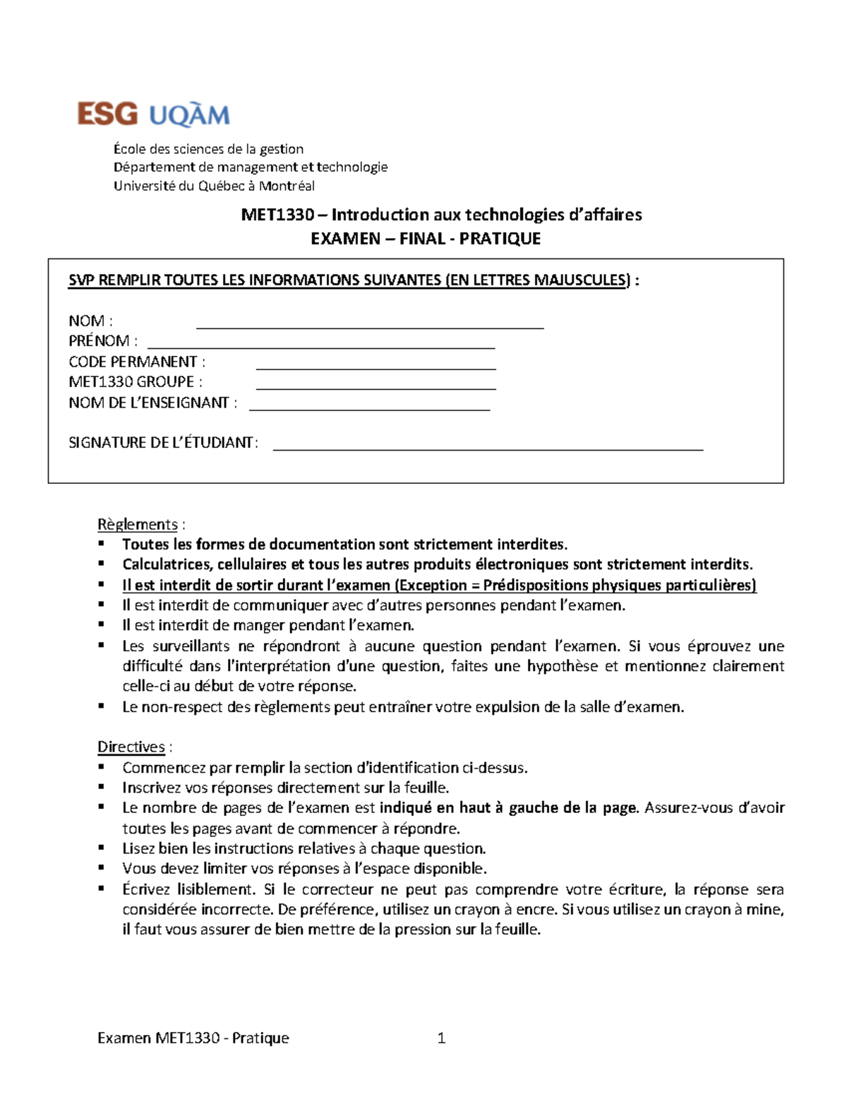 MET1330 Final Pratique - des sciences de la gestion de management et ...