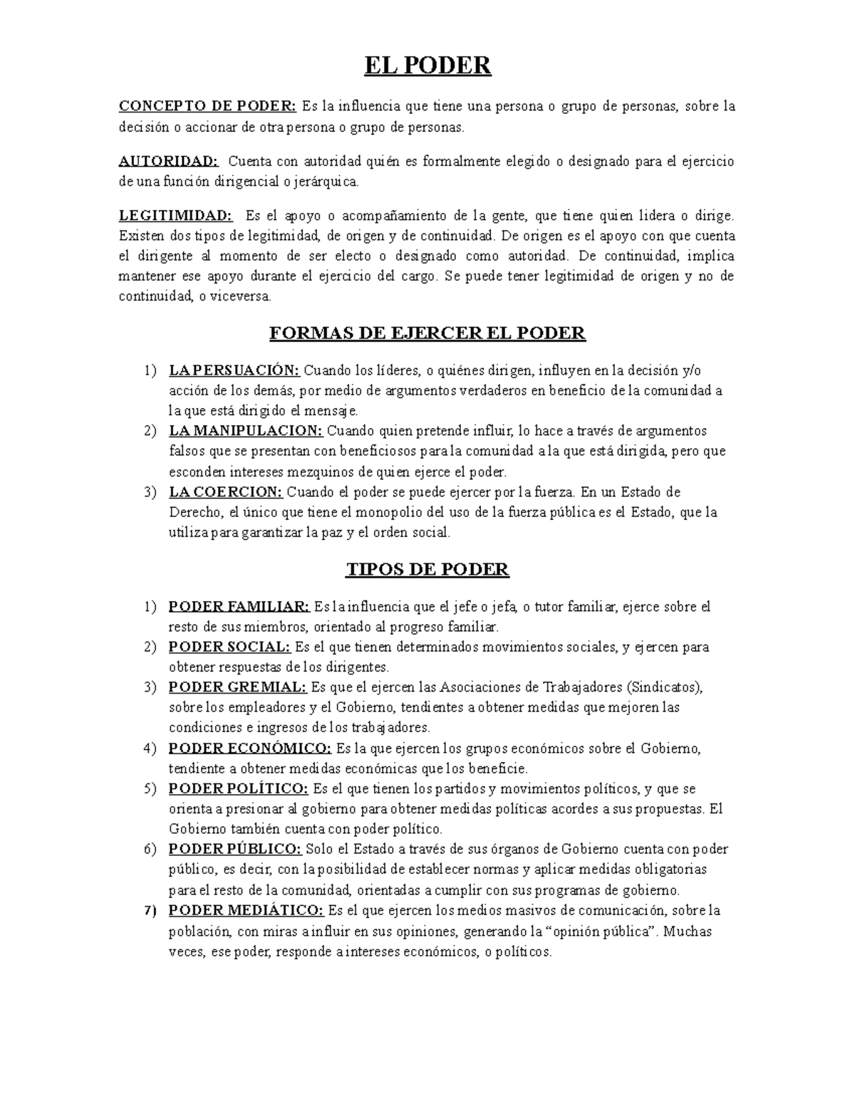 EL Poder Concepto Formas y tipos - EL PODER CONCEPTO DE PODER: Es la ...