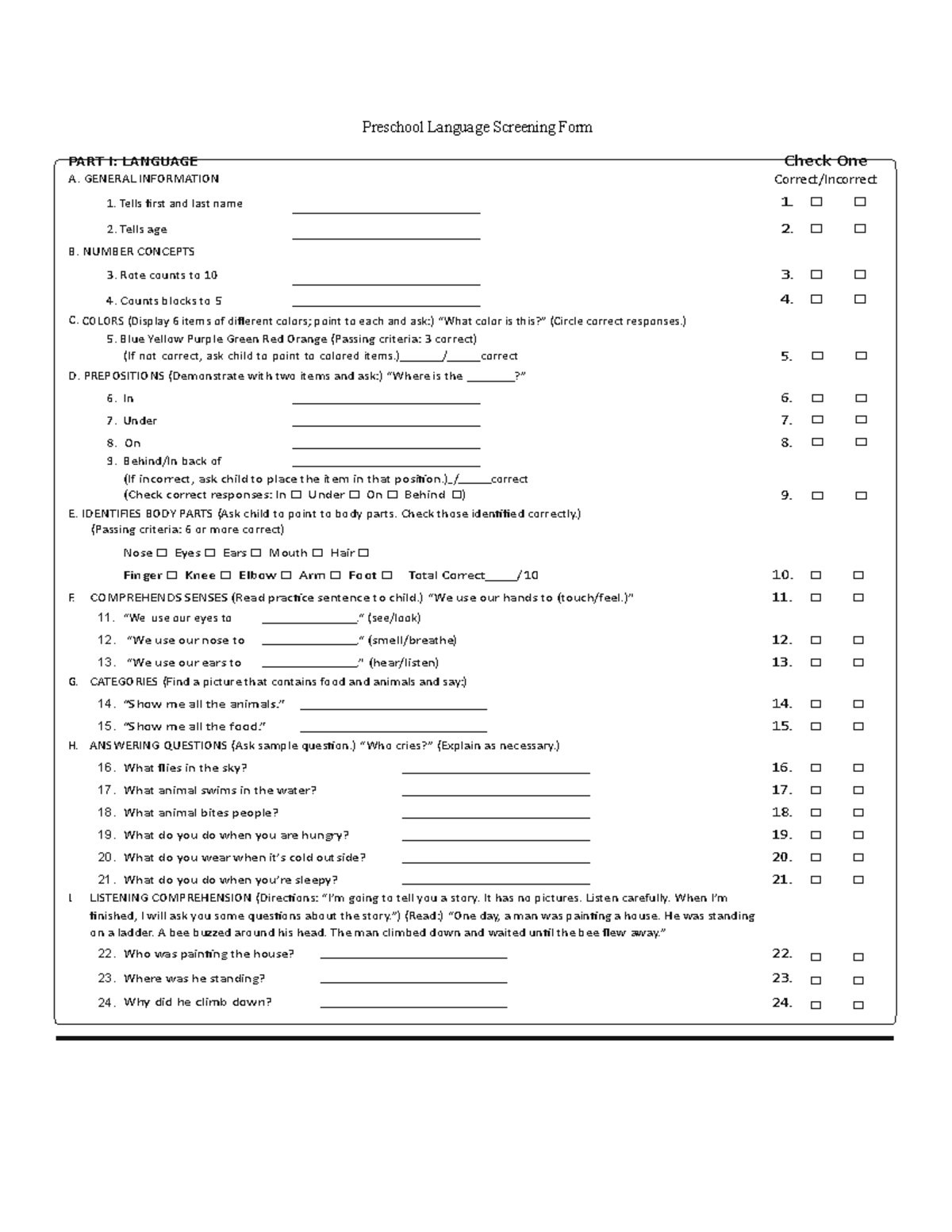 Preschool language screen Preschool Language Screening Form PART I