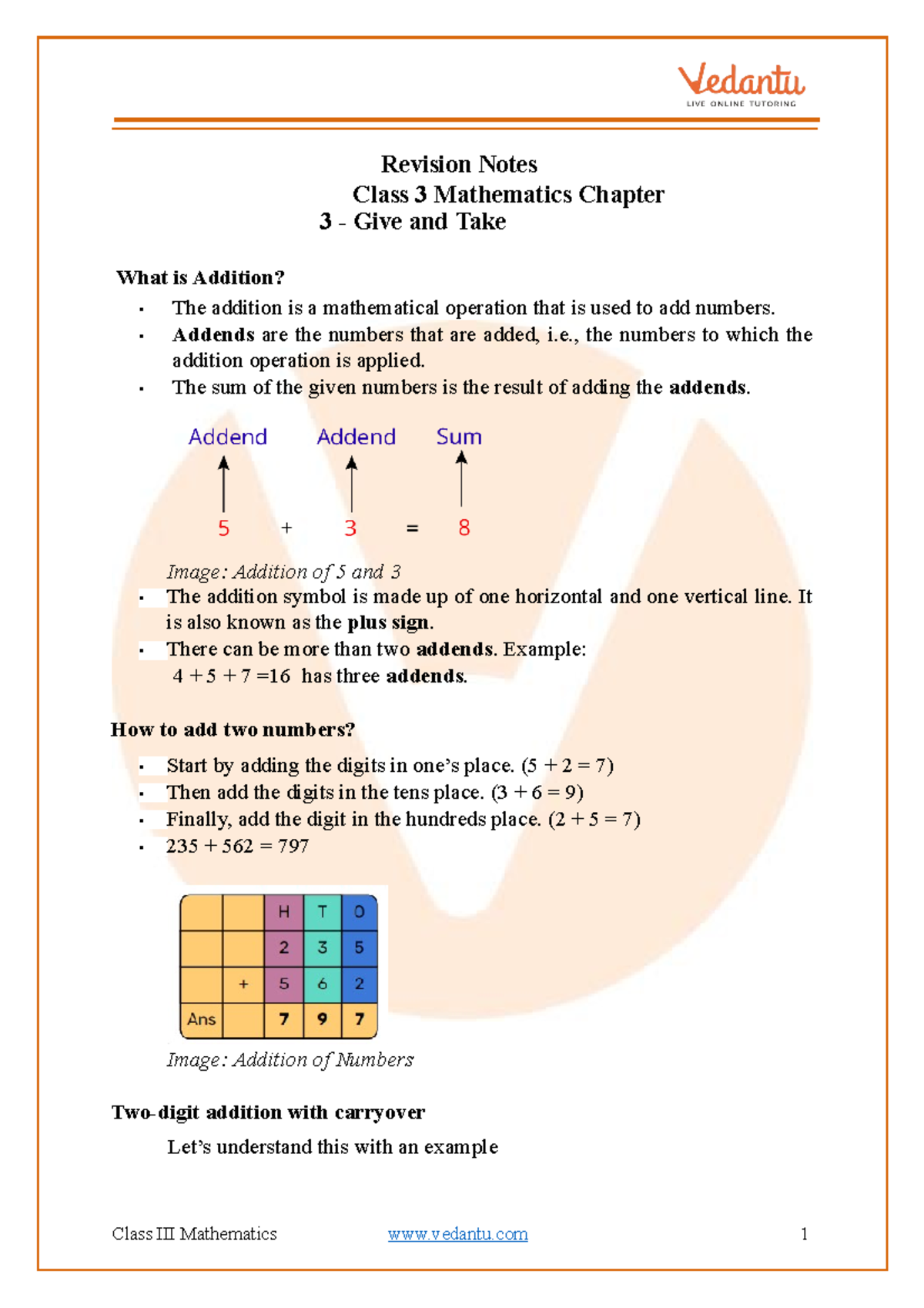 Give and Take from chapter 3 - Revision Notes Class 3 Mathematics