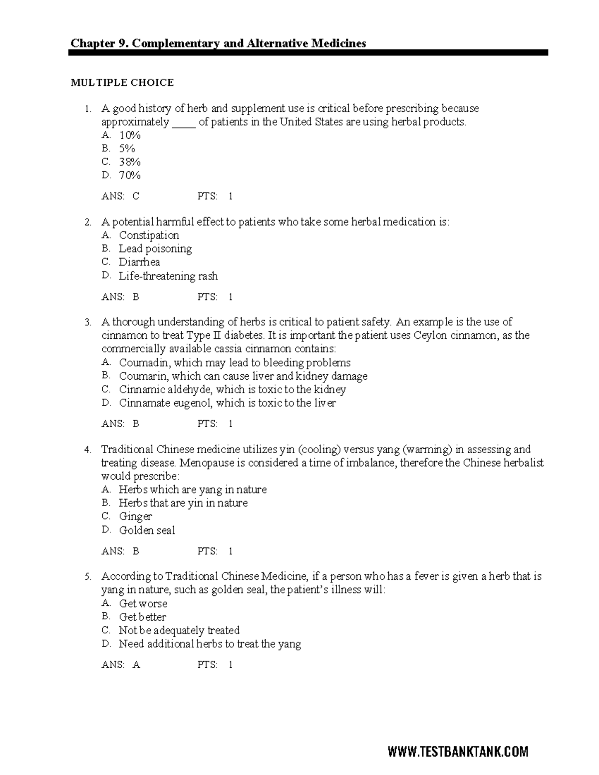 Ch9 - Test Questions - Chapter 9. Complementary And Alternative ...