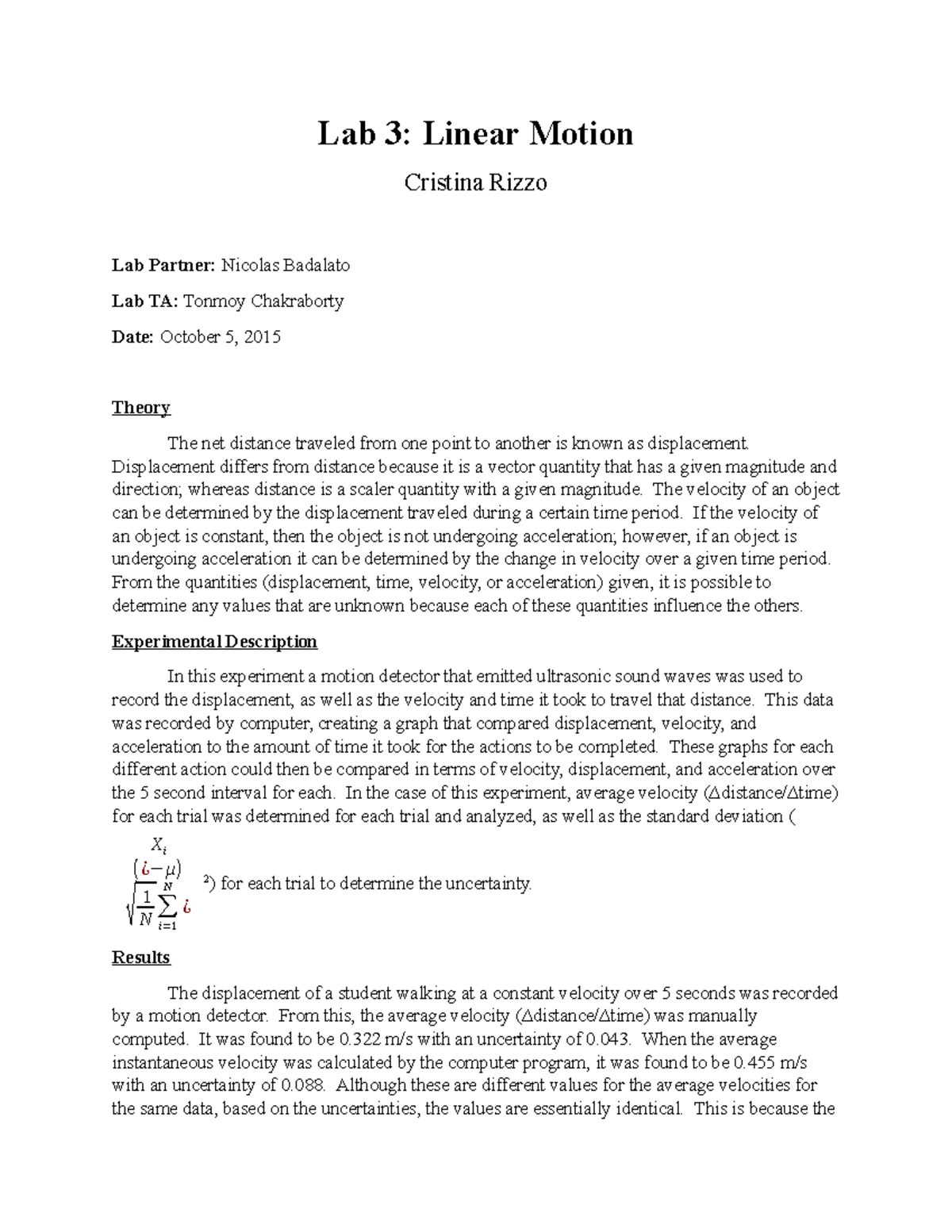 Physics fall lab 3 write up - Lab 3: Linear Motion Cristina Rizzo Lab ...