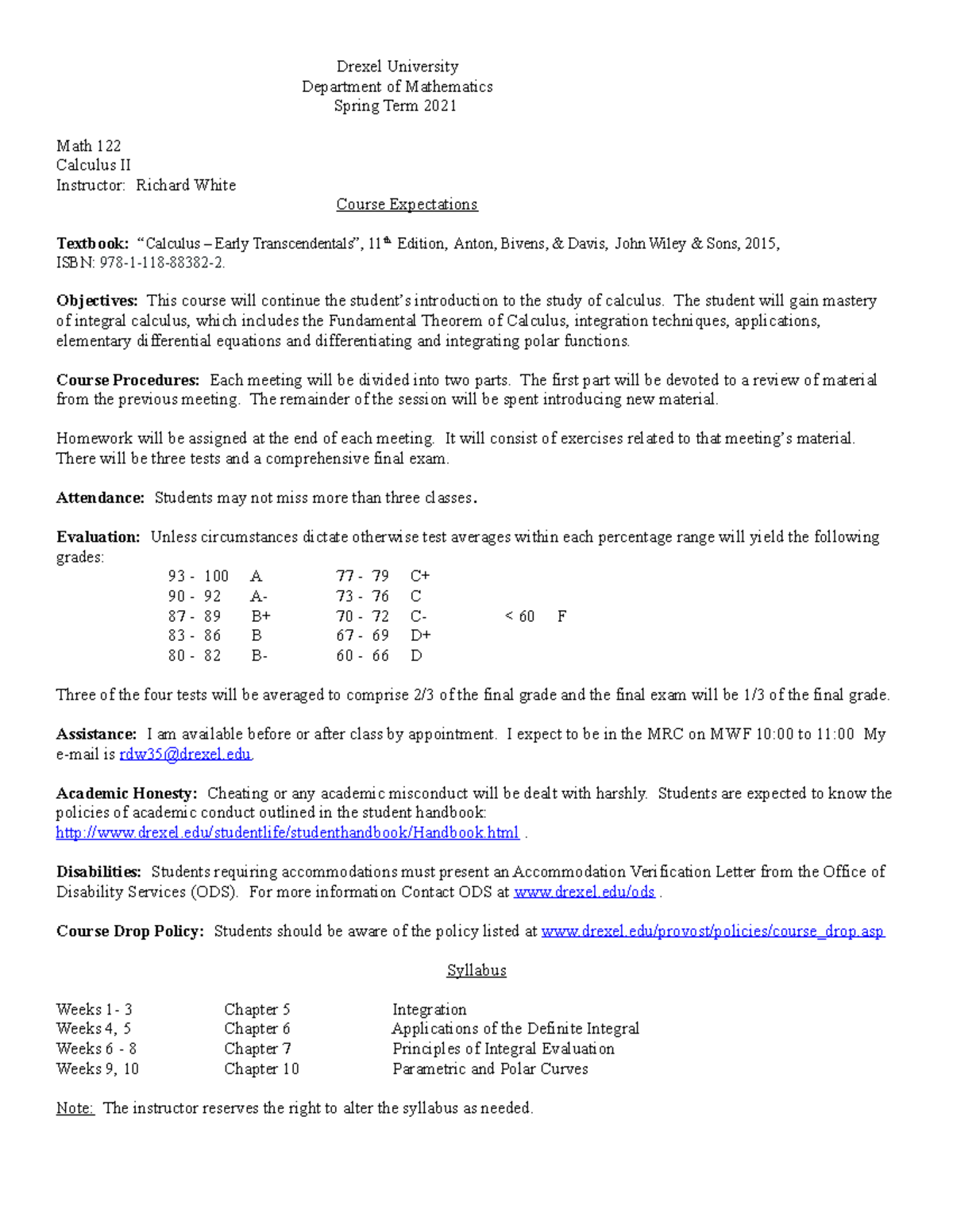 Math 122 syll DU spring 21(1) - Drexel University Department of ...