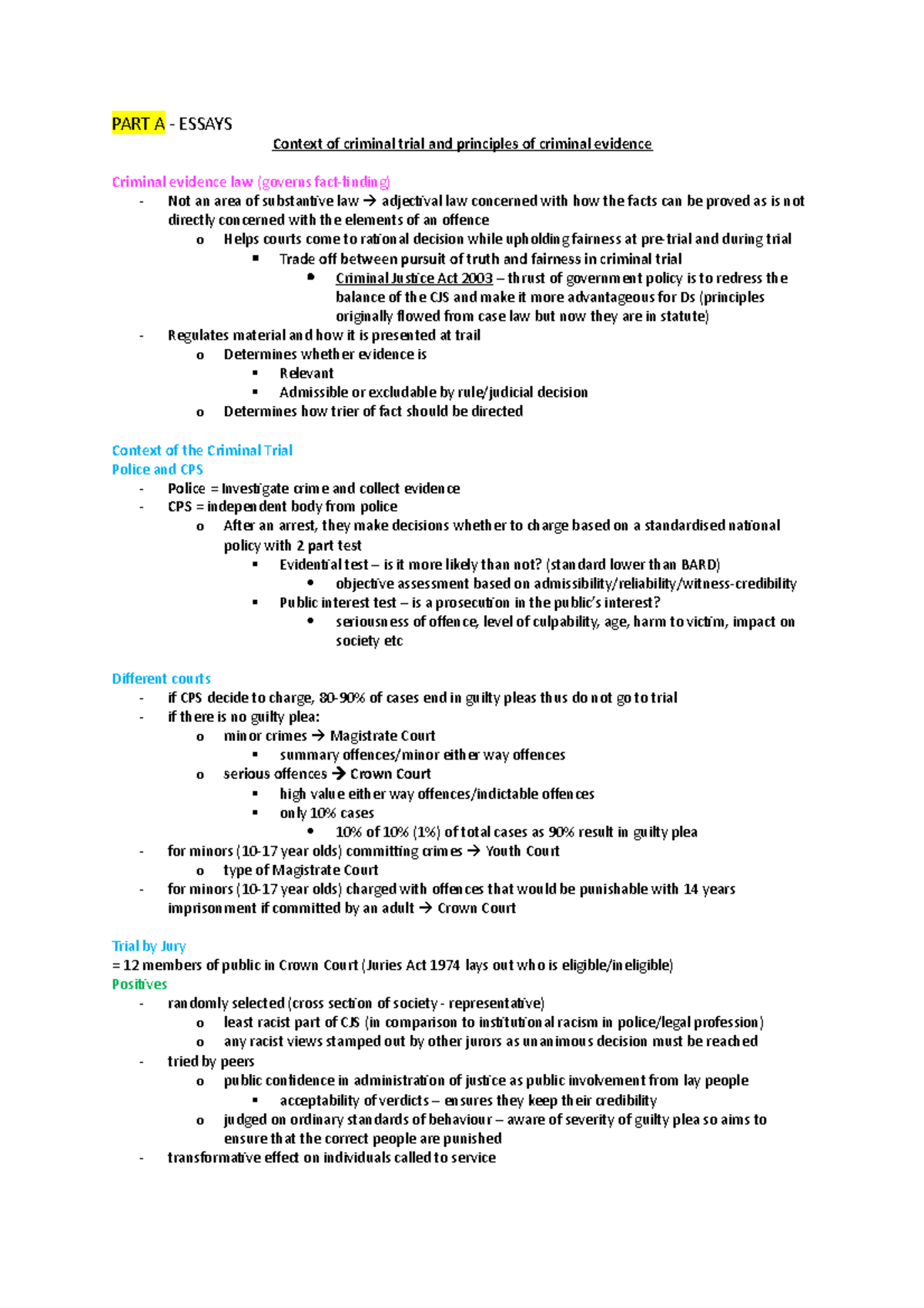 Criminal evidence revision notes (essays) - PART A - ESSAYS Context of ...