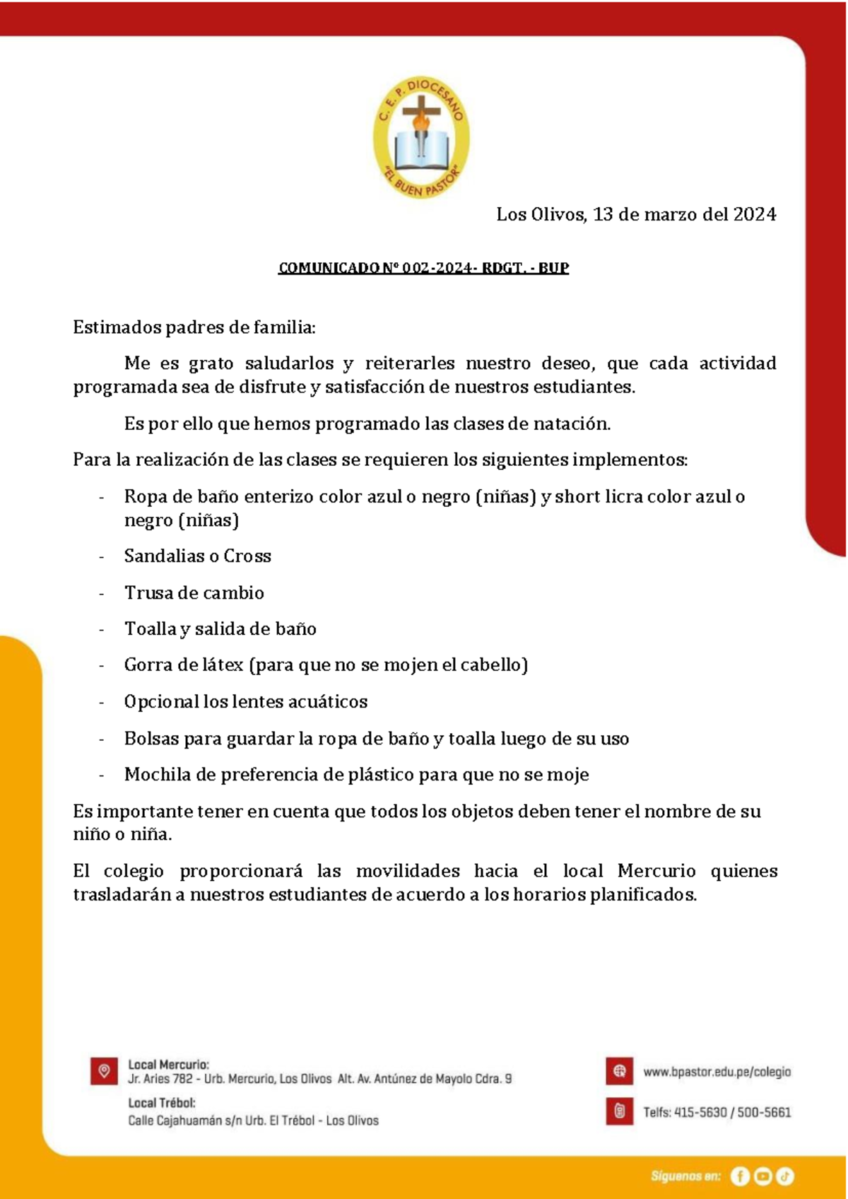 Comunicado- Natacion - Los Olivos, 13 de marzo del 2024 COMUNICADO N ...